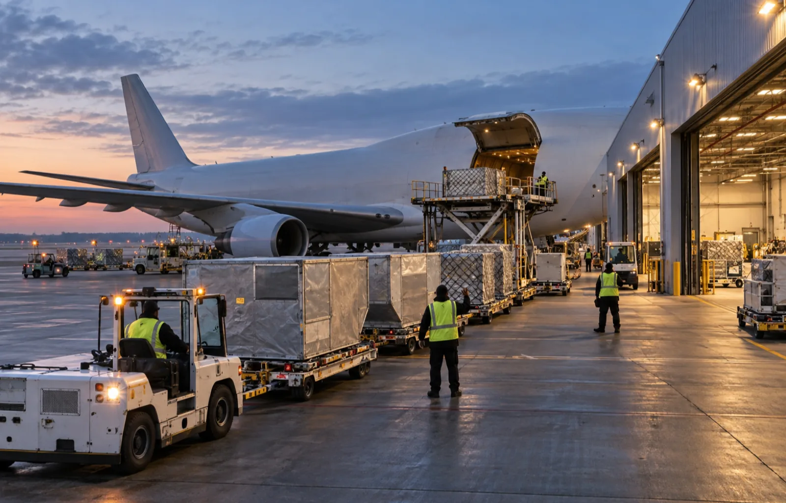 An unbranded cargo aircraft and ground crew handle blank air-freight containers at an active transfer hub before dawn.