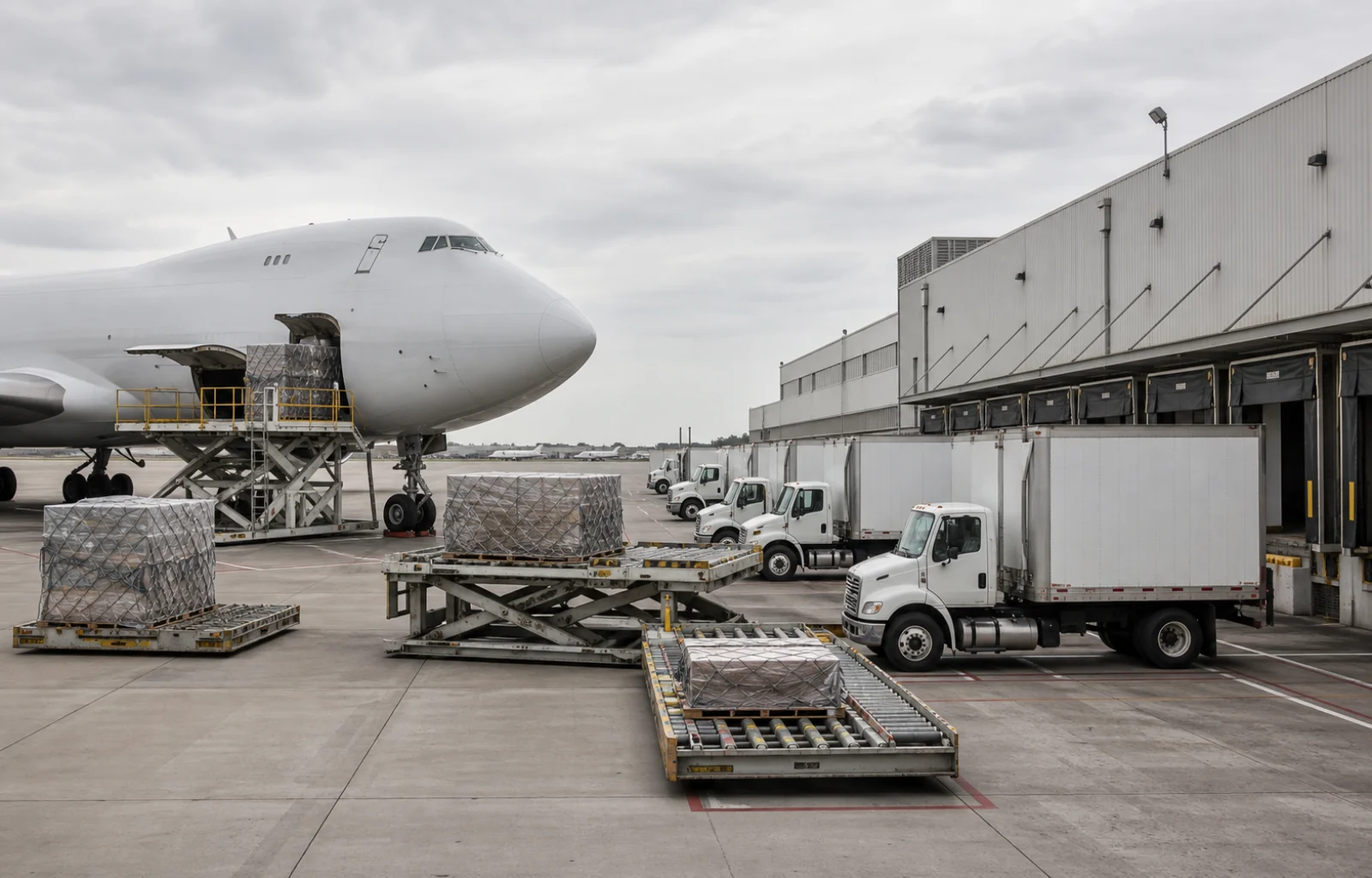 Unbranded cargo aircraft, loaders and box trucks form an air-to-ground freight handoff beside an airport warehouse.