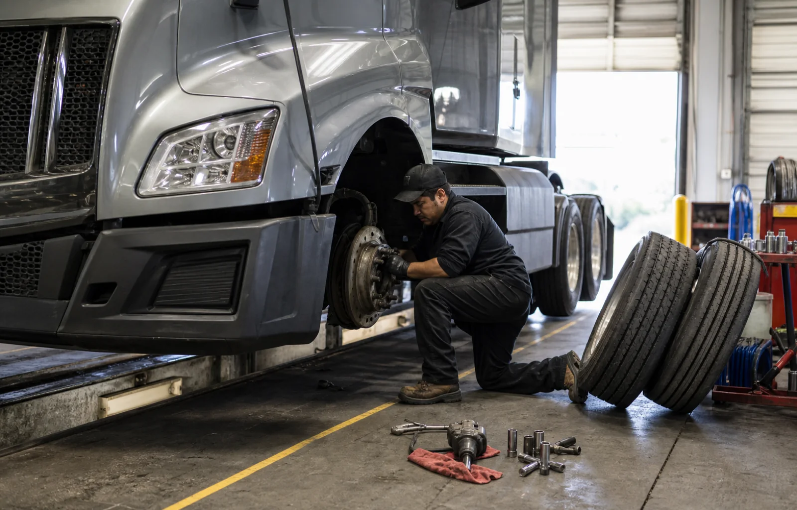 A mechanic inspects the exposed front wheel and brake of an unbranded Class 8 tractor in a fleet maintenance bay.