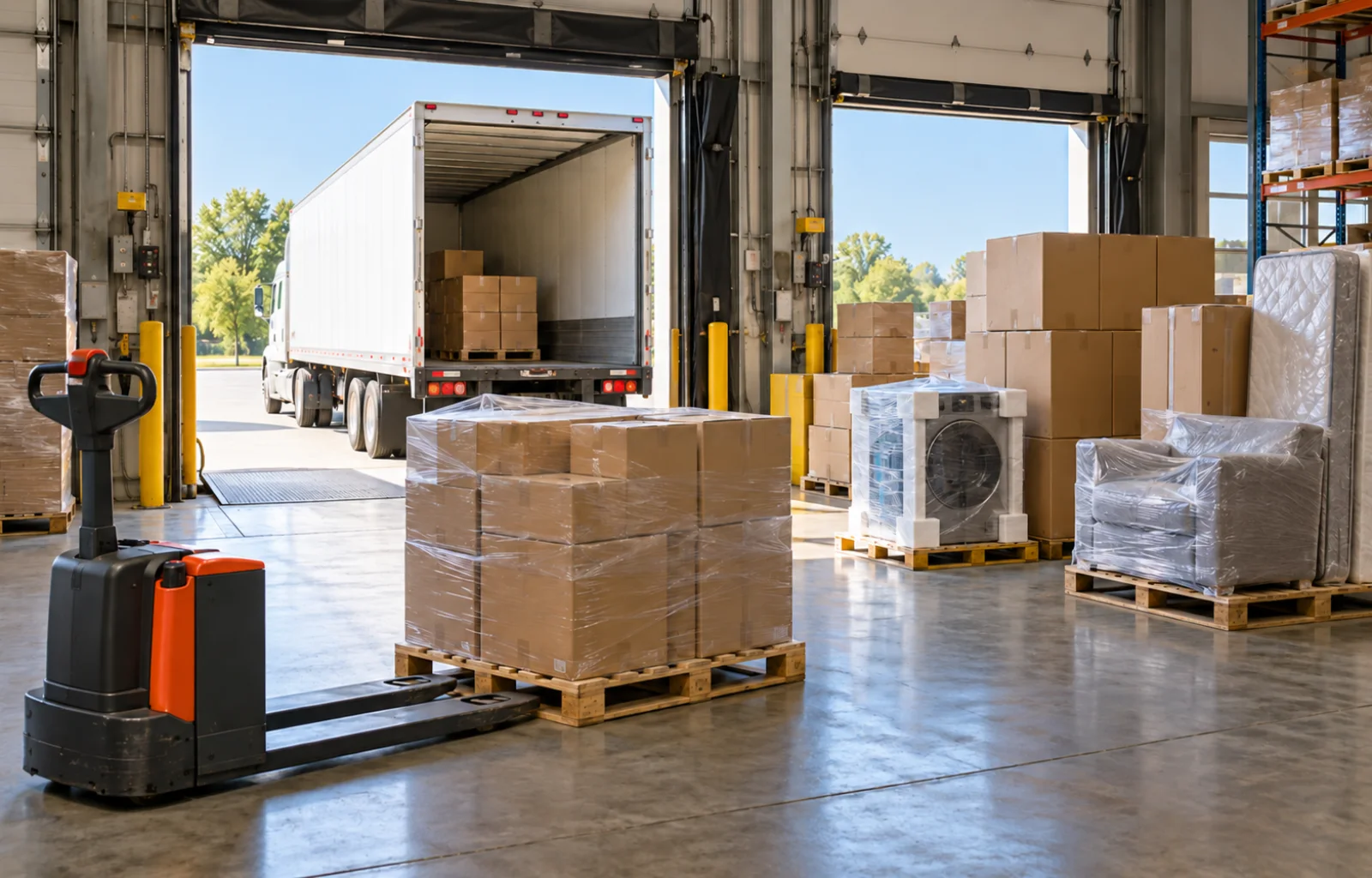Illustrative distribution center with plain palletized cartons, a wrapped household appliance, home furnishings, a pallet jack and an unbranded trailer at a loading dock.