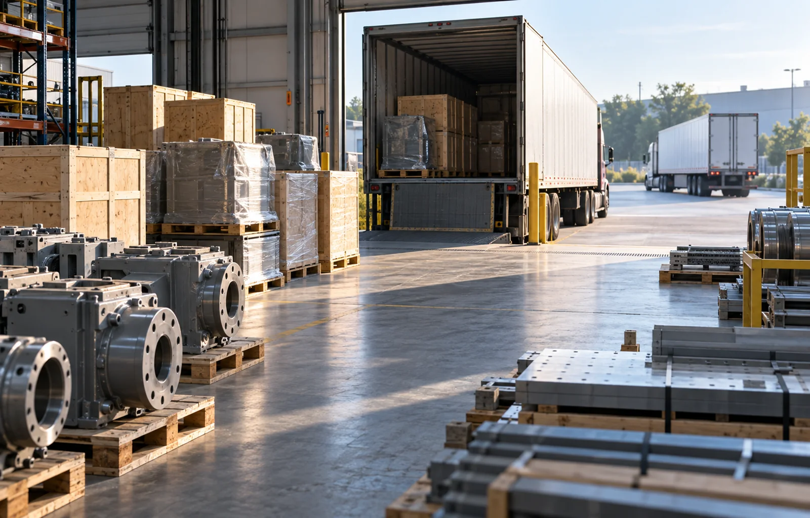 Unbranded machinery and metal components staged at an industrial loading dock as one plain trailer loads and another moves away.