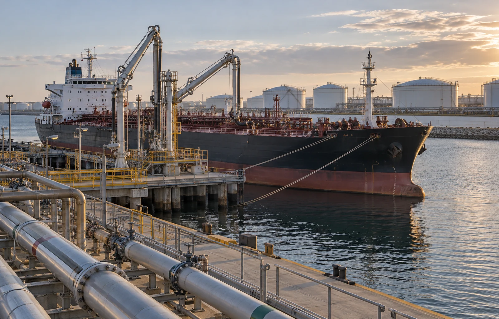 A product tanker is moored at a liquid-bulk berth beside loading arms and pipework, with storage tanks across the water.