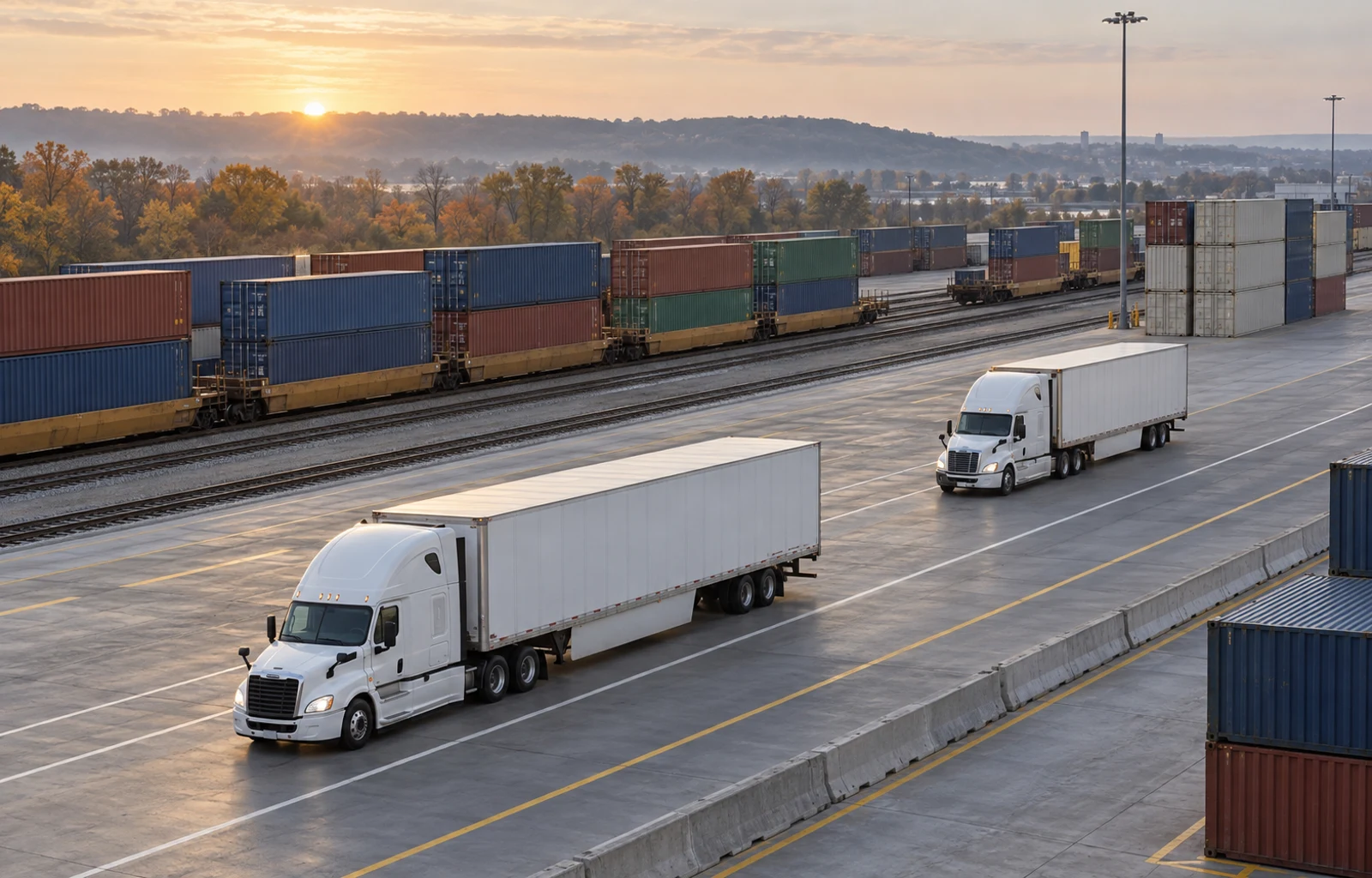 Conceptual editorial illustration of unbranded tractor trailers beside container railcars in a freight terminal.