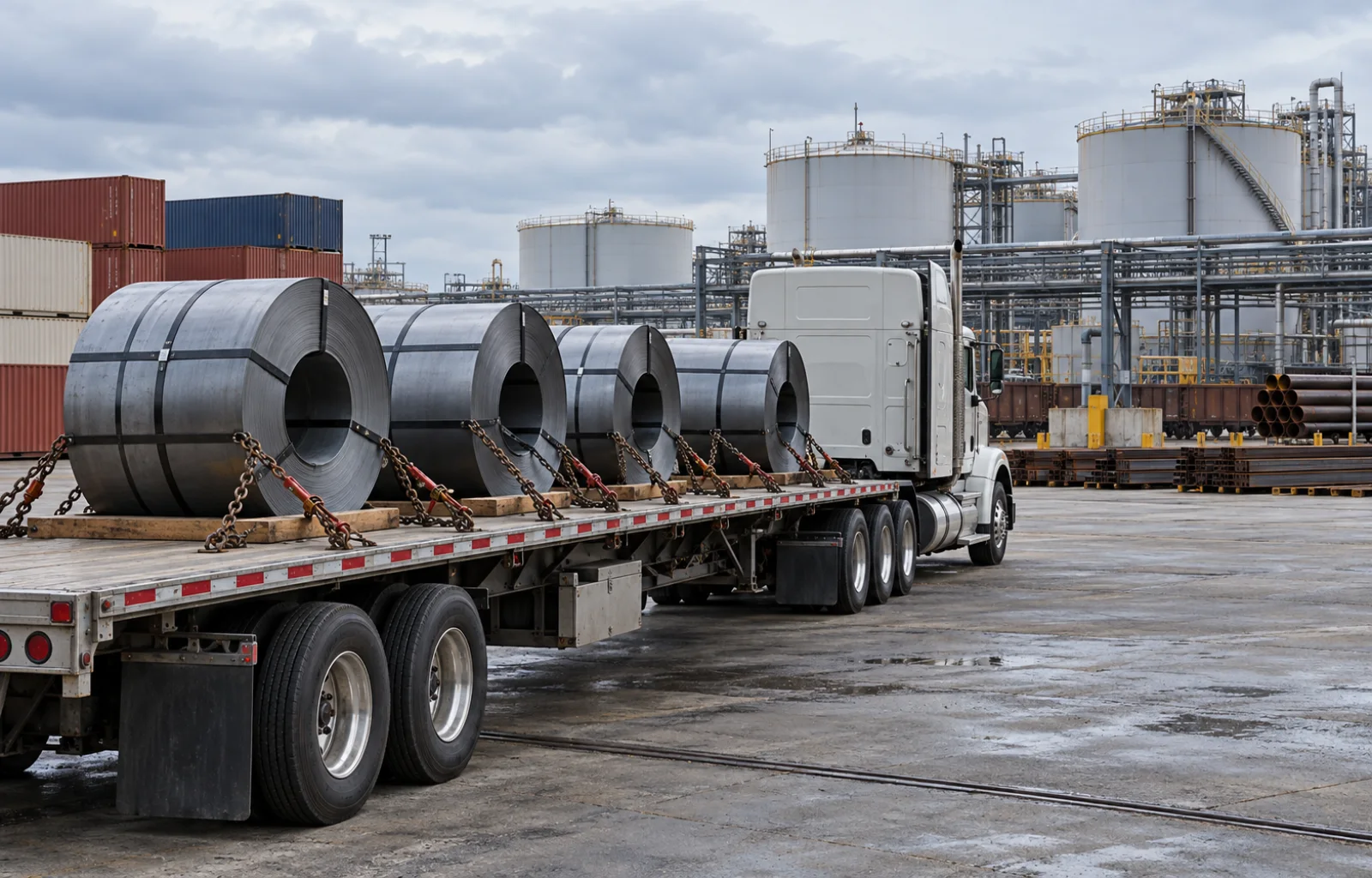 Illustrative industrial transload yard with secured steel coils on a flatbed trailer, a parked unbranded tractor, storage tanks and plain containers.