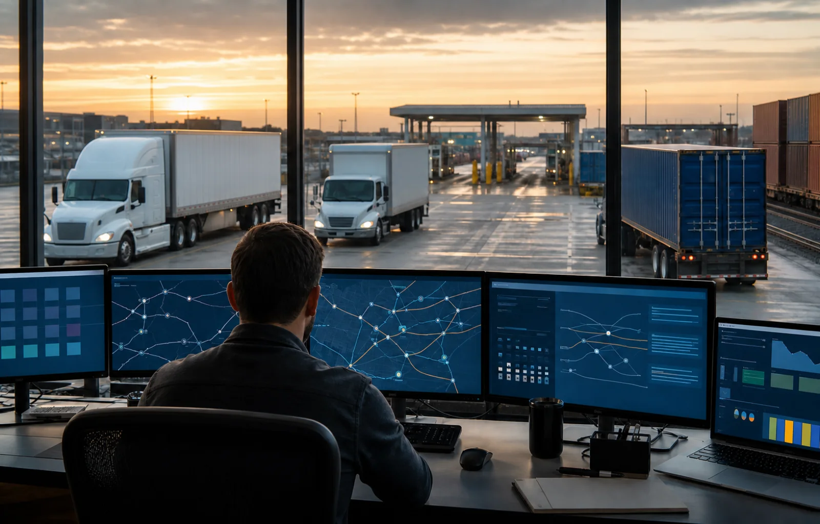 A freight planner coordinates unbranded truckload, LTL and drayage equipment from a brokerage operations room.