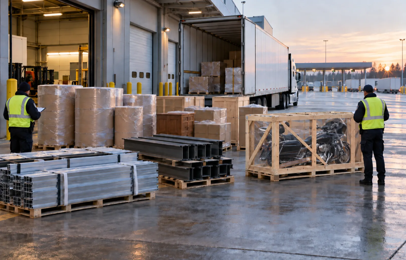 Mixed unbranded freight including paper rolls, aluminum profiles, steel beams, furniture and a crated motorcycle awaits inspection beside a tractor-trailer at a border warehouse.