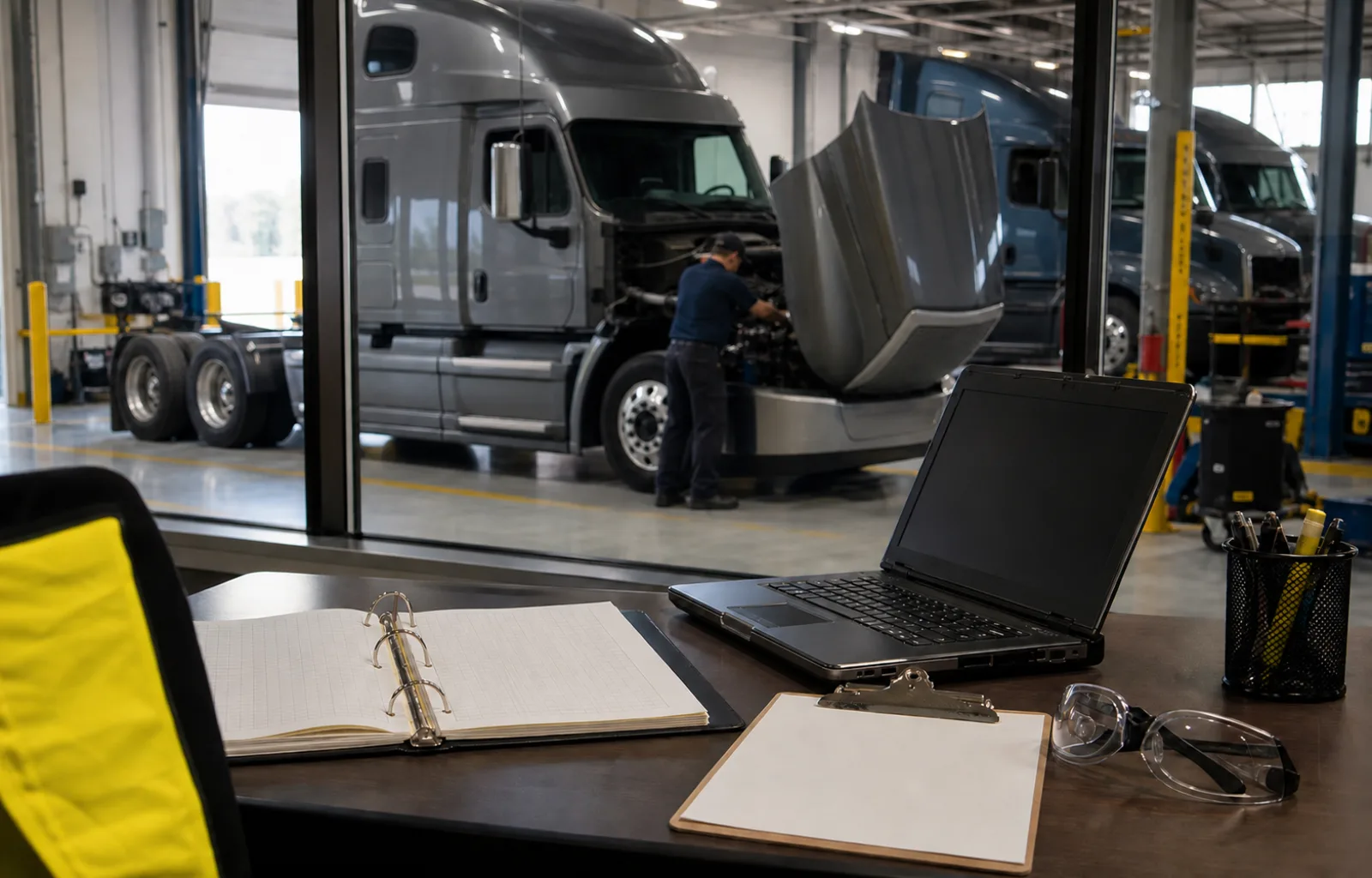 A blank planning binder, clipboard and laptop sit at a fleet operations desk overlooking an unbranded tractor inspection bay.