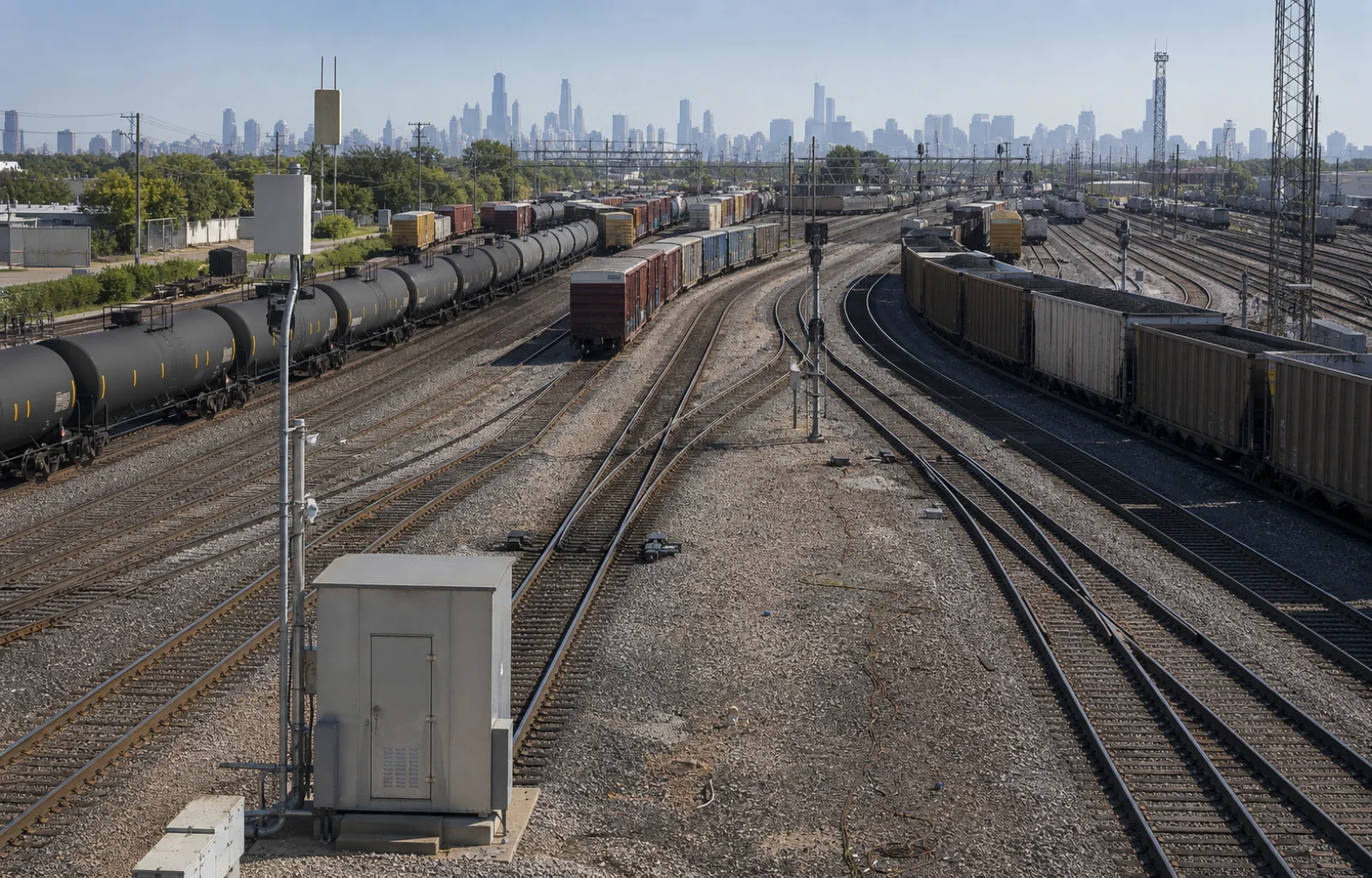 A Chicago freight classification yard with converging tracks, freight cars, and trackside communications equipment.