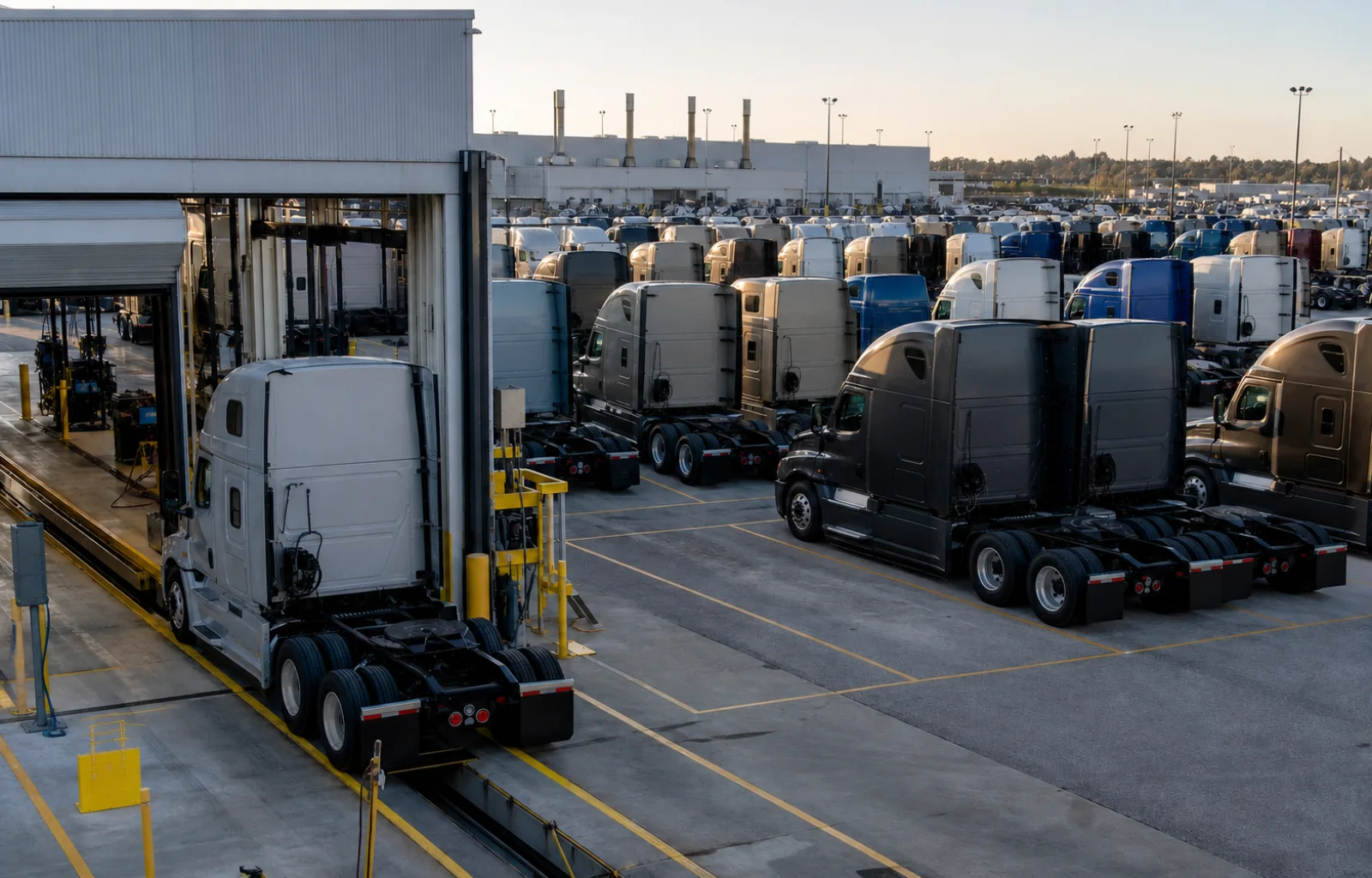 Rows of unbranded Class 8 tractors fill a commercial-truck production yard beside a final inspection bay.