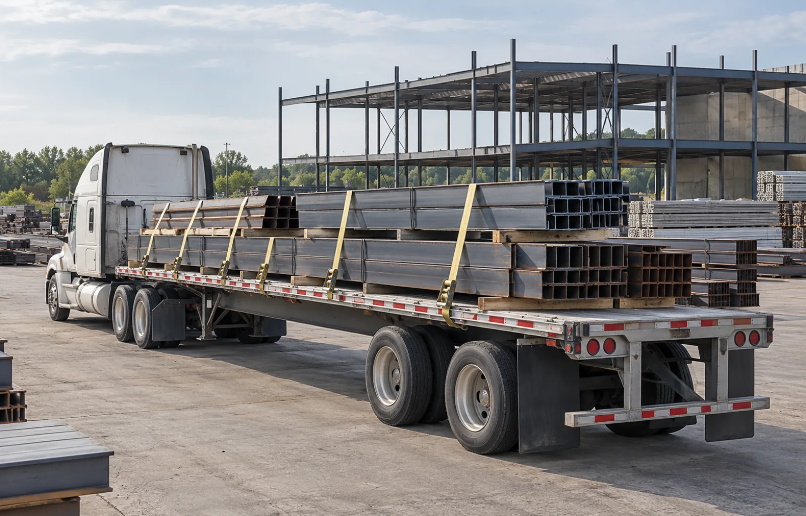 Illustrative plain flatbed trailer carrying secured steel bundles in a paved material yard, with an unfinished commercial building in the background.