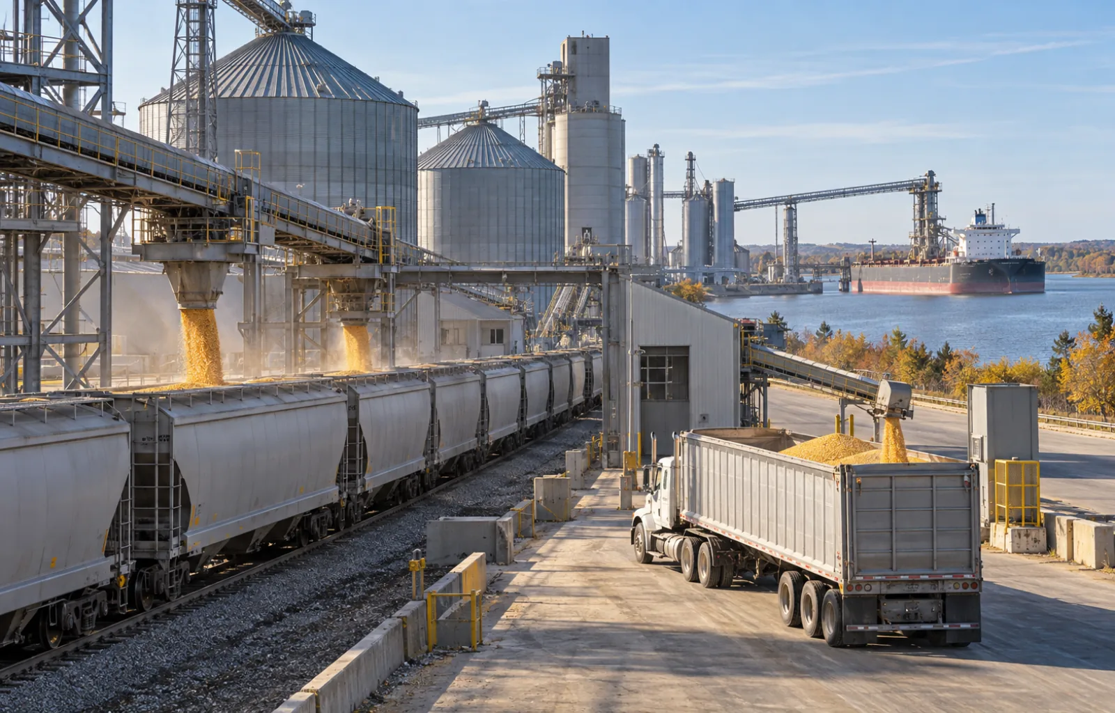An unbranded grain truck and covered hopper railcars move corn through a large U.S. export terminal beside a waterway.