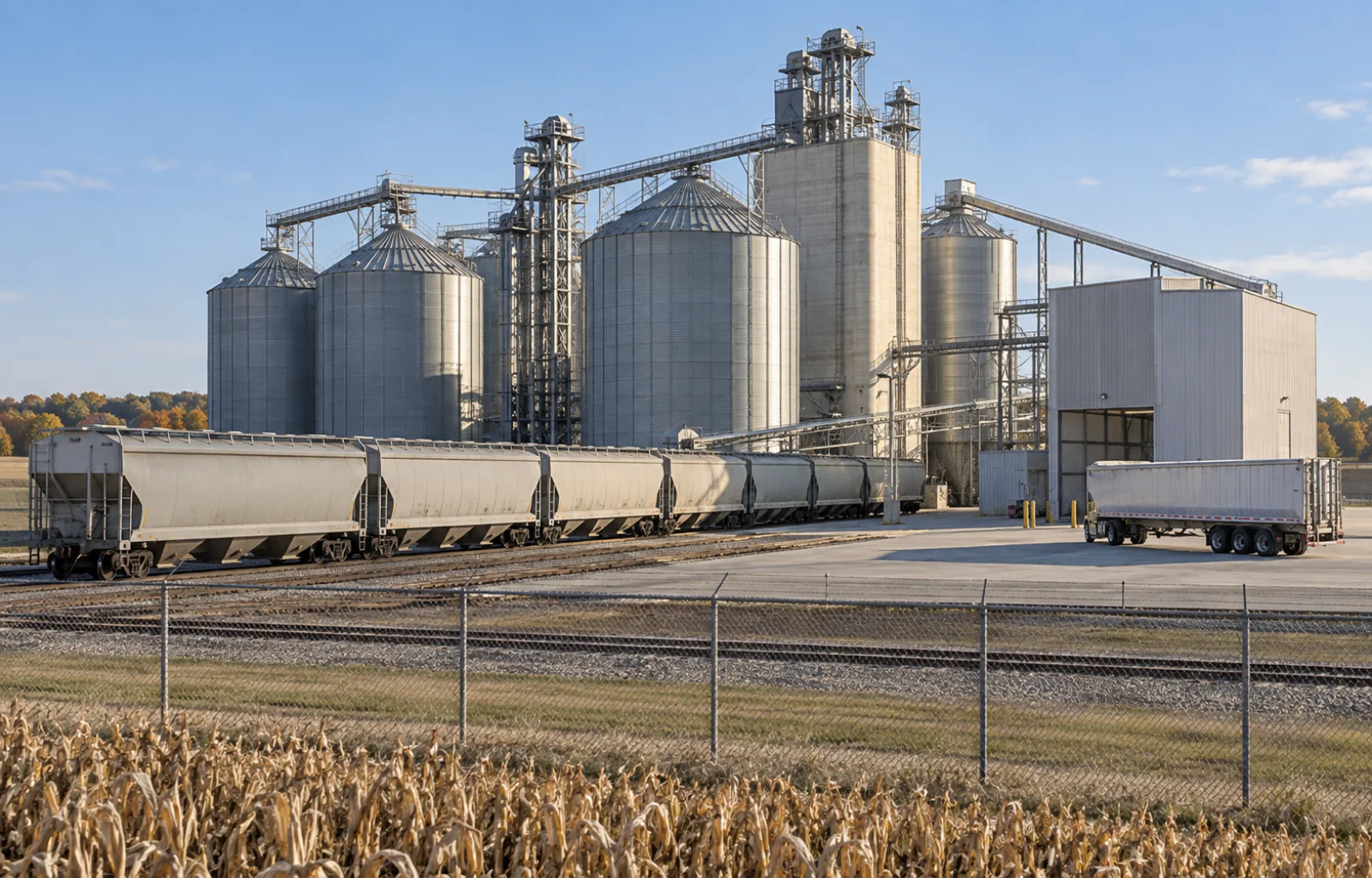Illustrative grain elevator with covered hopper railcars on a siding and an unmarked semi trailer on a separate paved apron behind a fence.