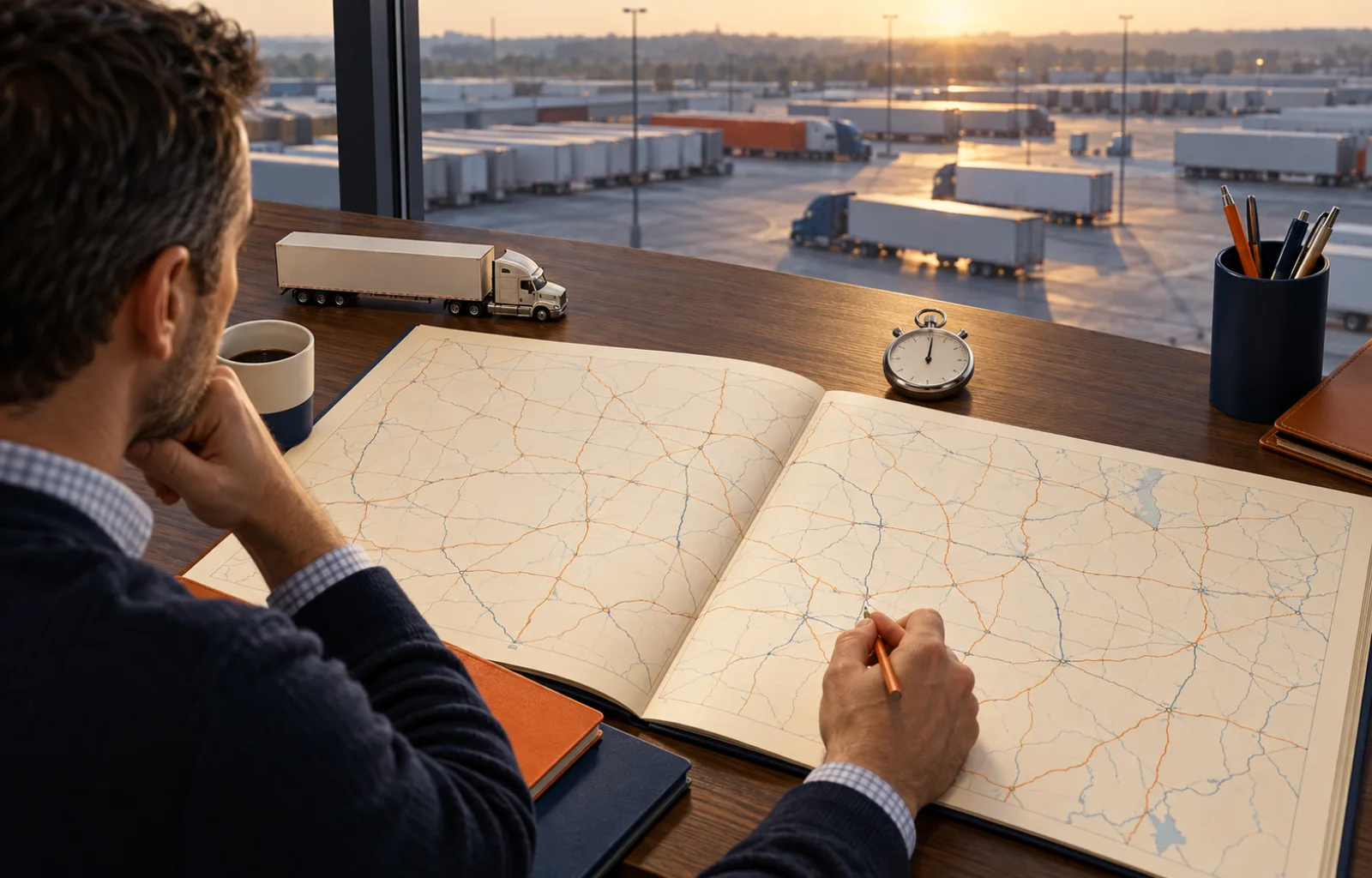 Conceptual editorial illustration of an unlabeled road map, stopwatch, pencil and model tractor-trailer on a transport planner’s desk.