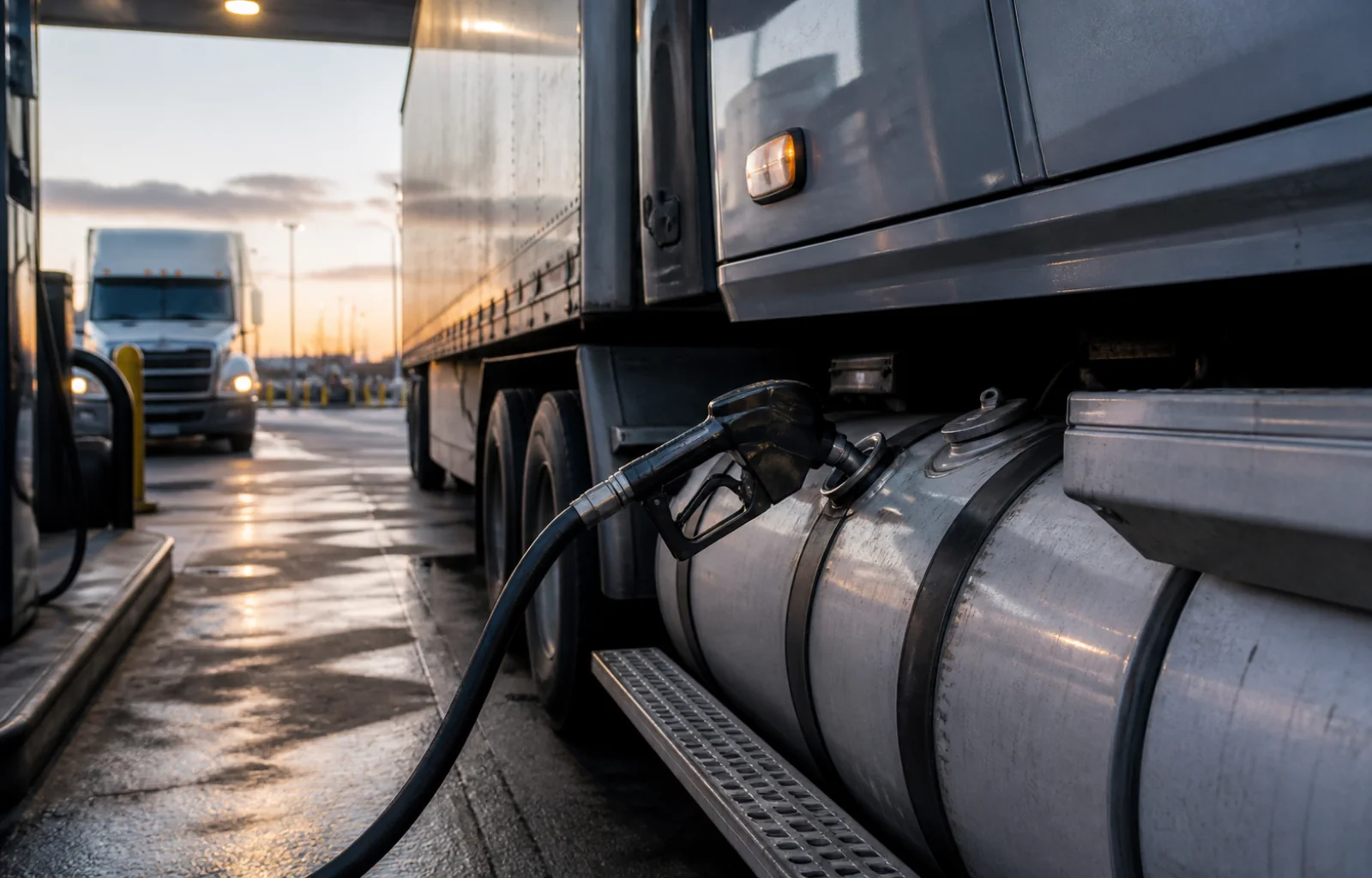 An unbranded tractor is fueled at a commercial diesel island in early morning light.