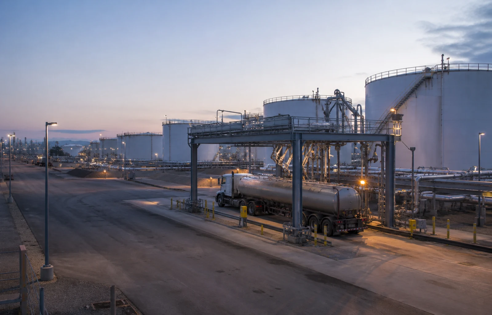 Unbranded fuel storage tanks and a tanker loading rack sit under early-morning industrial lights.