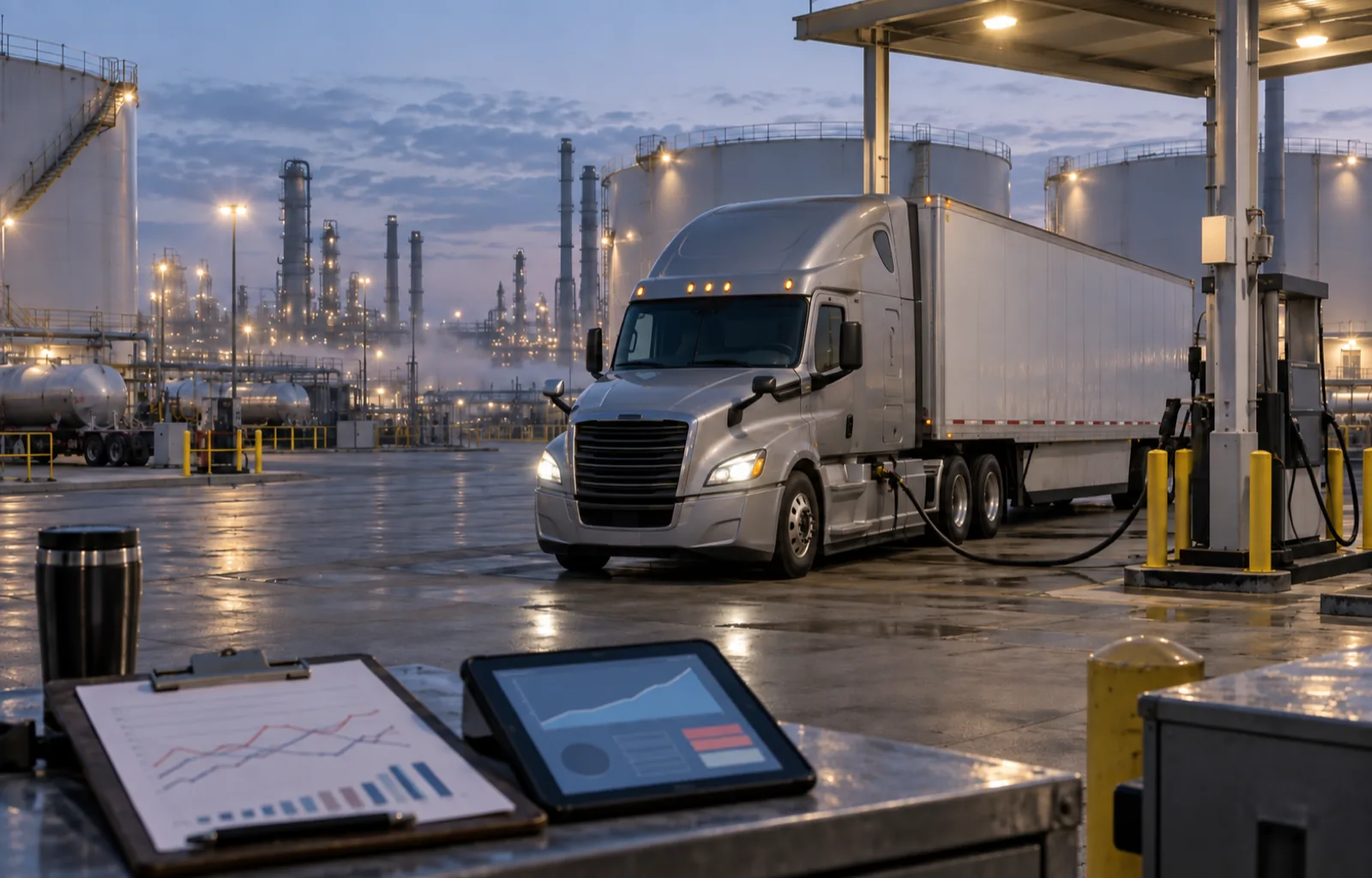 An unbranded tractor-trailer fuels at a commercial terminal before dawn while storage tanks and abstract planning charts sit in view.