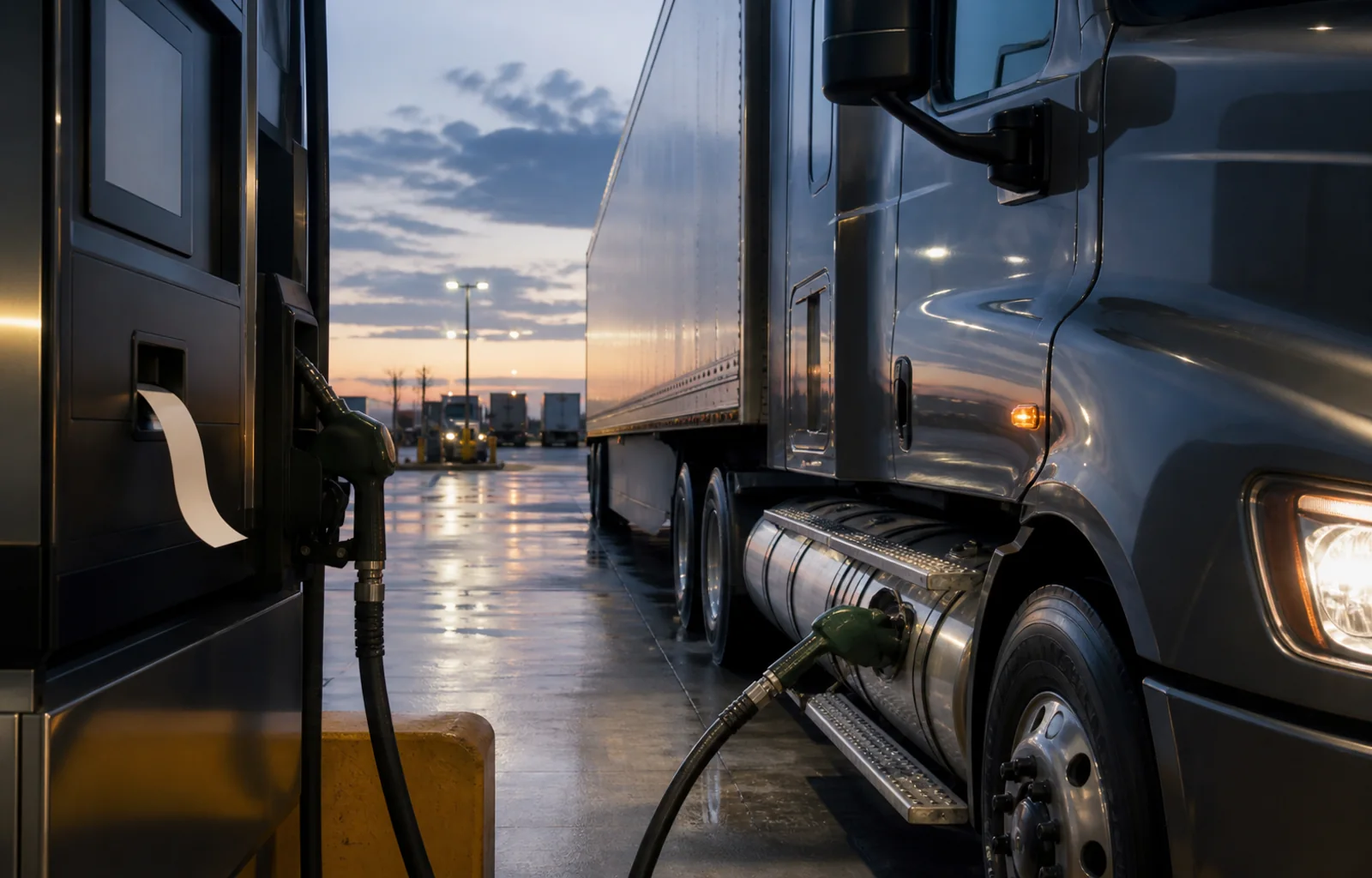 An unbranded tractor-trailer takes on diesel at a commercial fuel island at dawn while a blank receipt feeds from the pump.