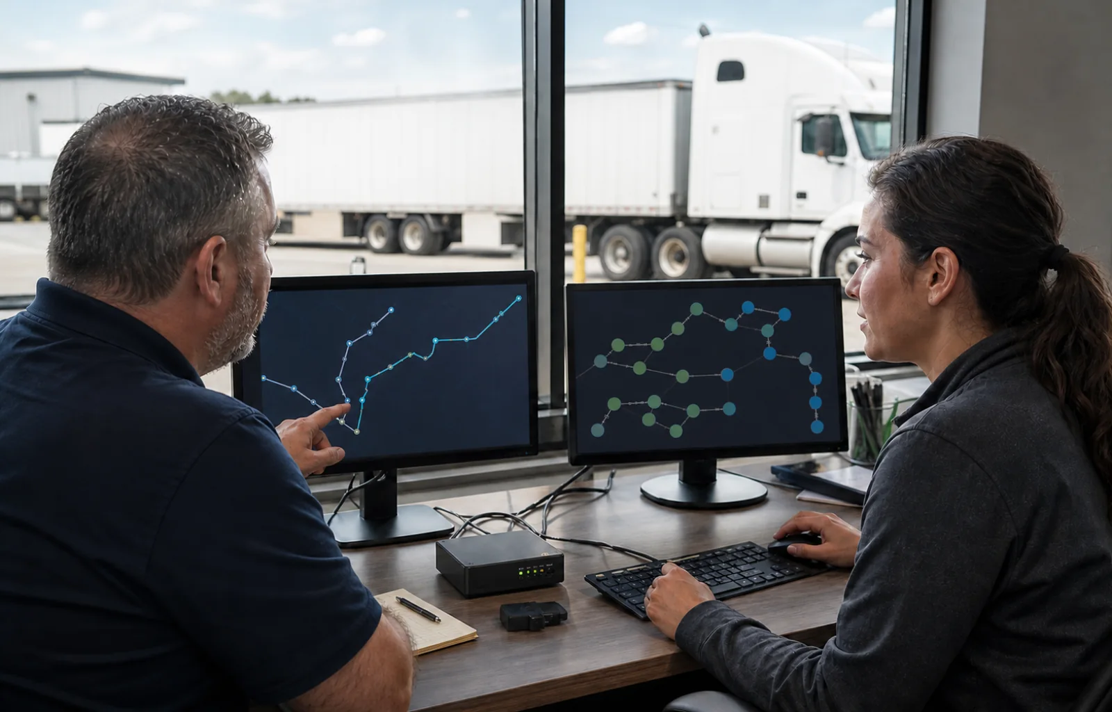 A carrier compliance manager and brokerage analyst review two unlabeled connected-system displays beside a generic vehicle gateway at a freight terminal.