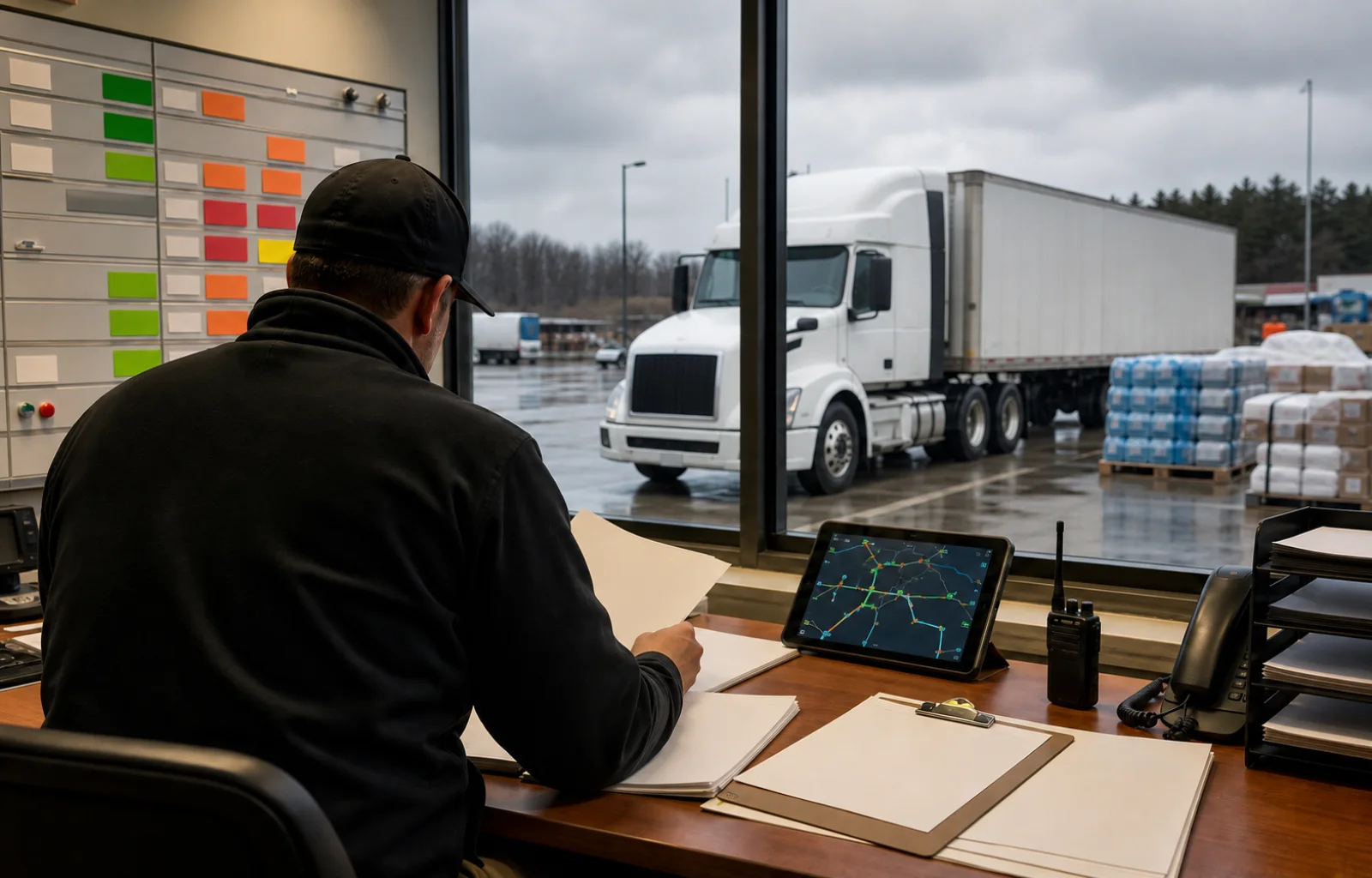 A dispatcher reviews blank duty records beside an unbranded relief truck and pallets of emergency supplies.