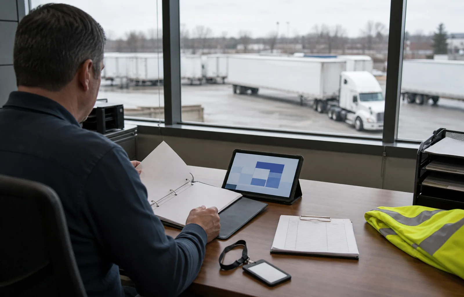 Blank compliance files and a tablet sit in a carrier office overlooking an unbranded truck terminal yard.