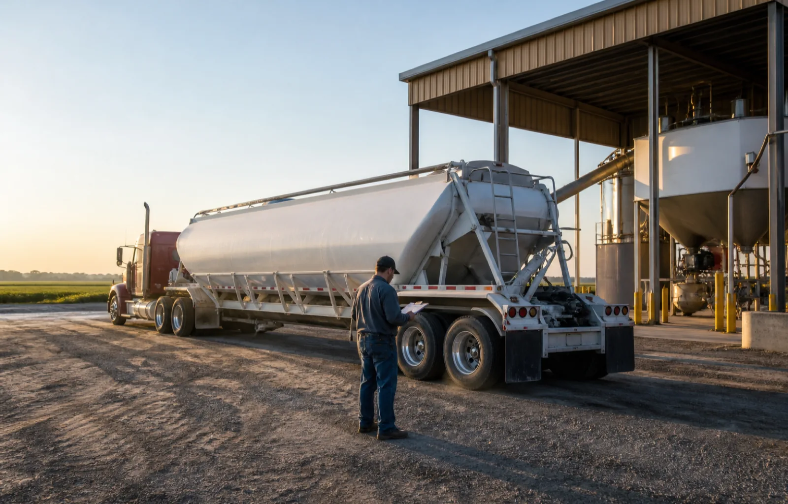 A driver checks a blank paper duty record beside an unbranded bulk hopper trailer at an agricultural supply terminal.