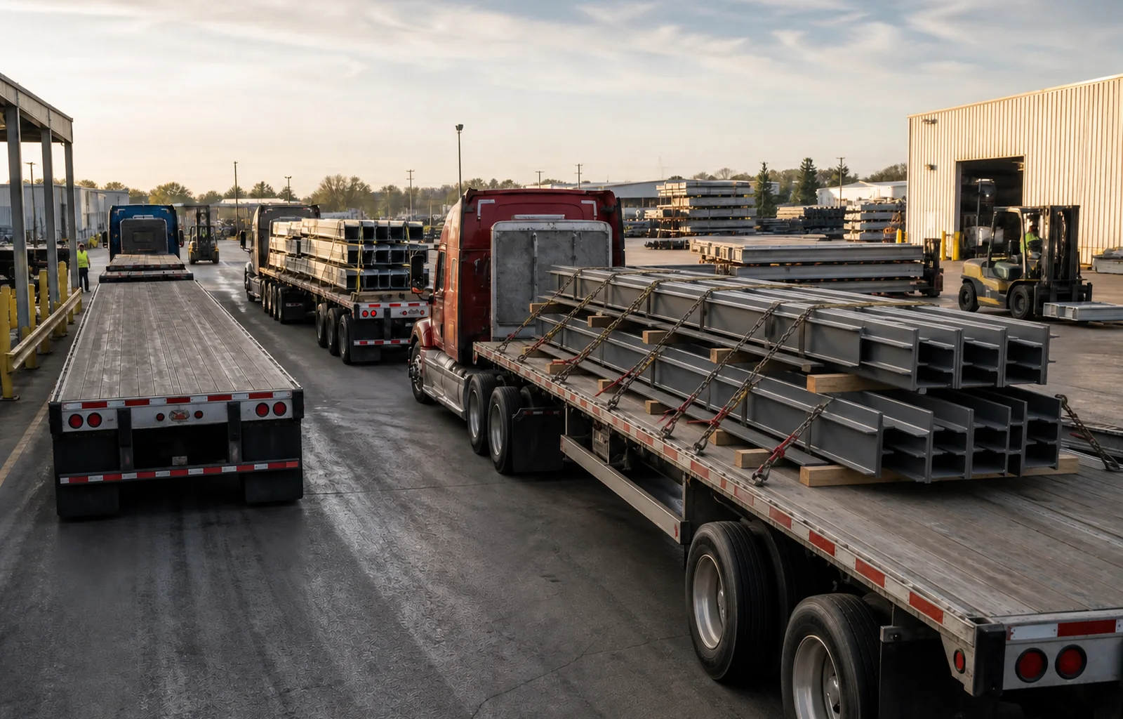 Unbranded flatbed tractors queue in a steel yard beside trailers carrying fabricated beams secured on dunnage with chains.