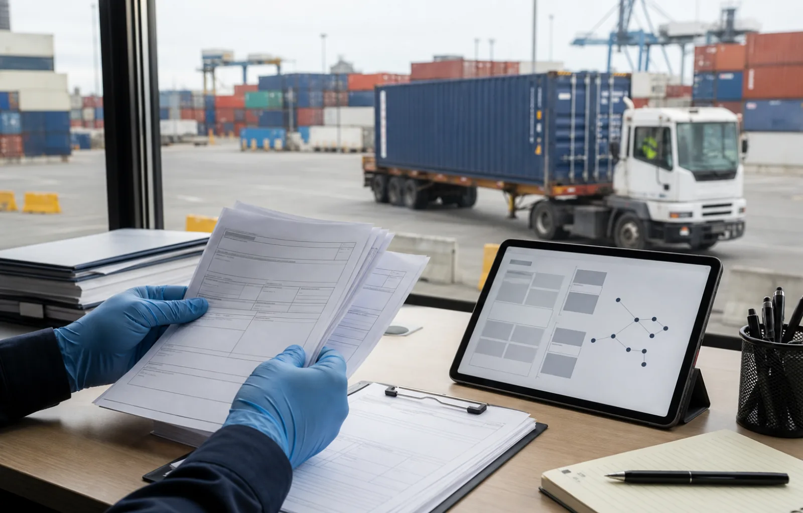 Gloved hands compare blank cargo documents with an unbranded tablet showing abstract record blocks beside a container terminal.