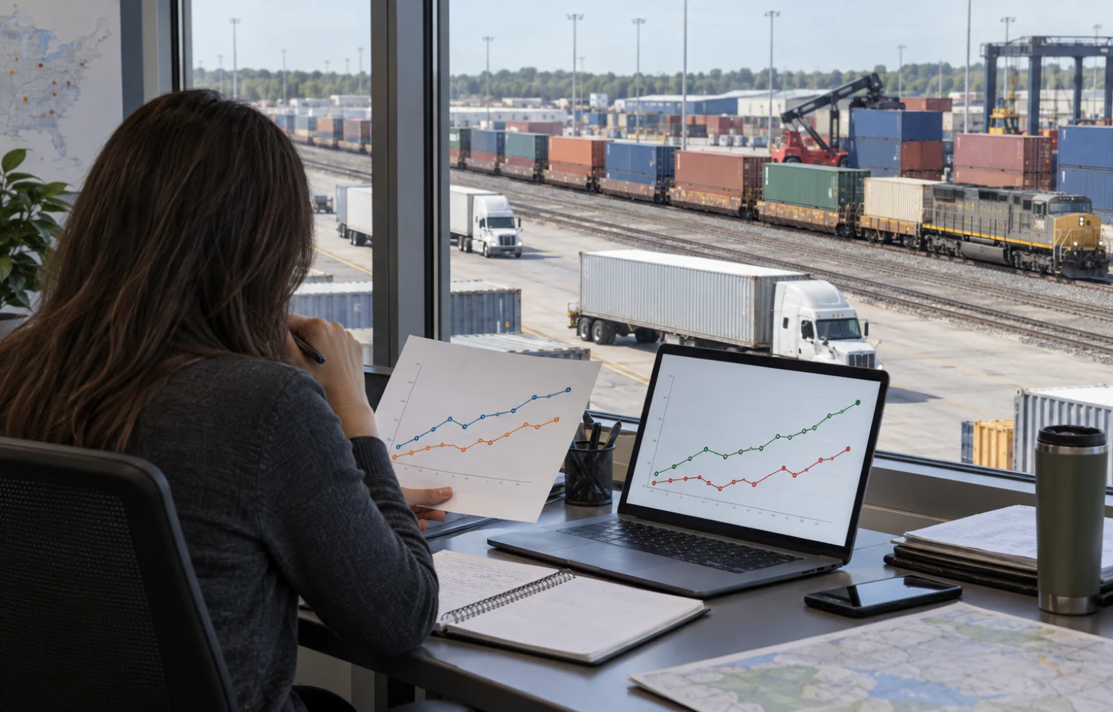A freight-market analyst compares two unlabeled trend charts at a desk overlooking an unbranded truck-and-rail intermodal terminal.