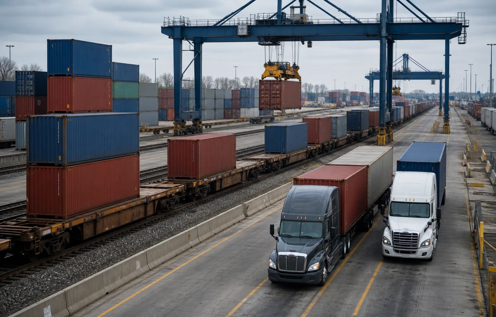 Unbranded trucks and container trains move through a working inland intermodal terminal under overcast morning light.