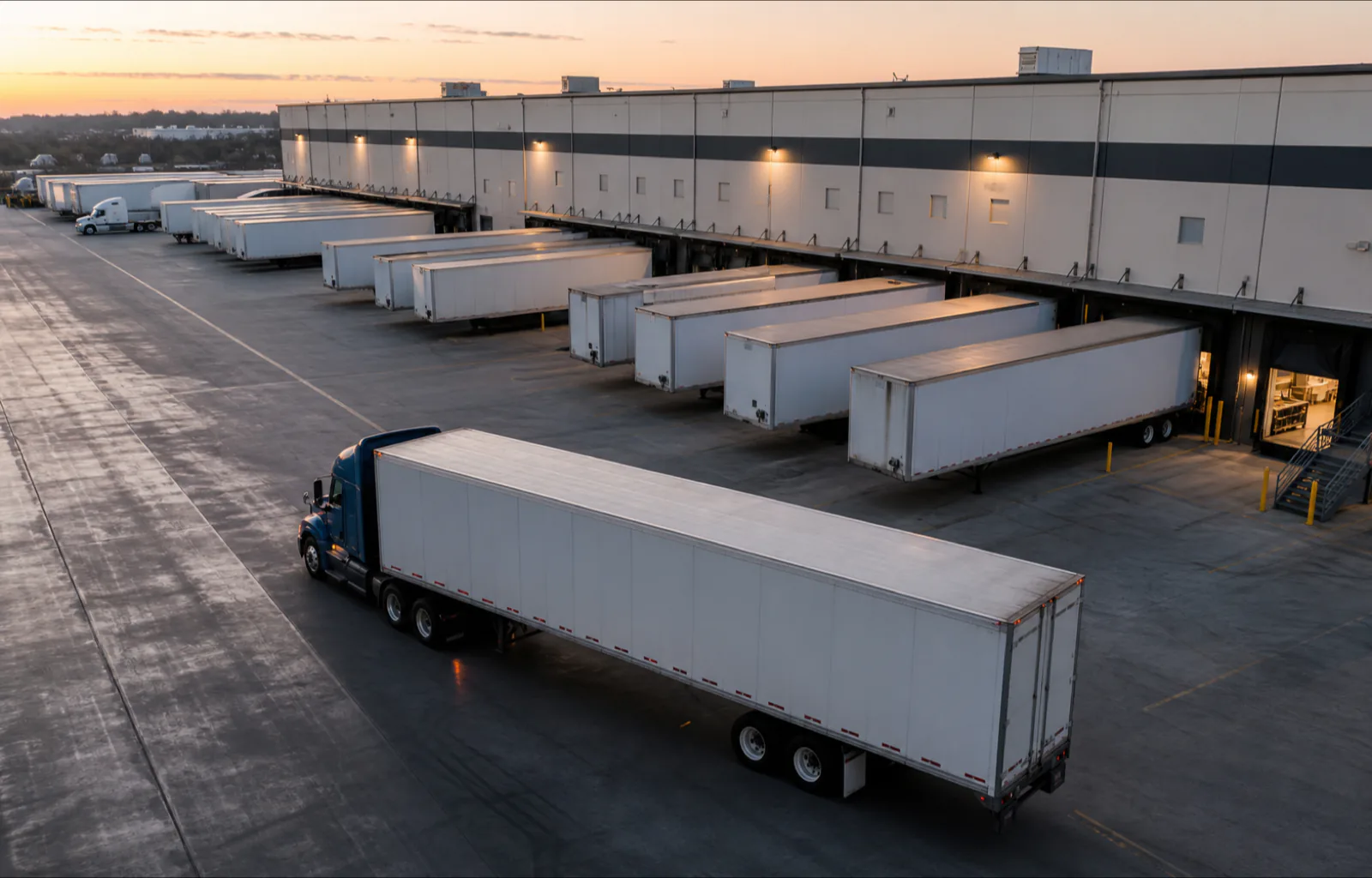 Unbranded tractor-trailers work a distribution cross-dock in early morning light.