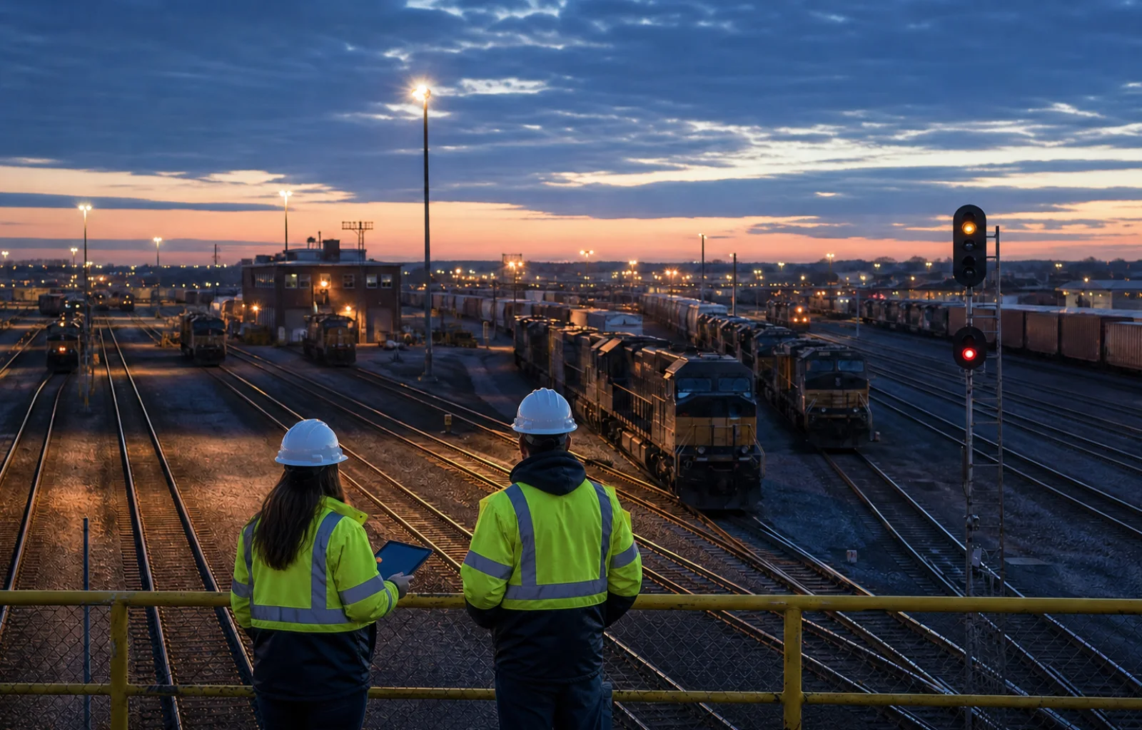 Two rail safety employees observe an unbranded freight classification yard from a protected trackside platform at dawn.