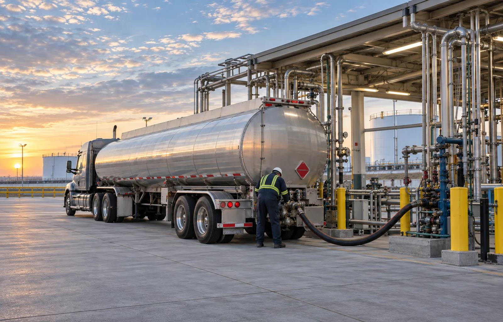 An unbranded gasoline cargo tank truck is worked at a modern loading rack while a hazmat employee checks the transfer connection.