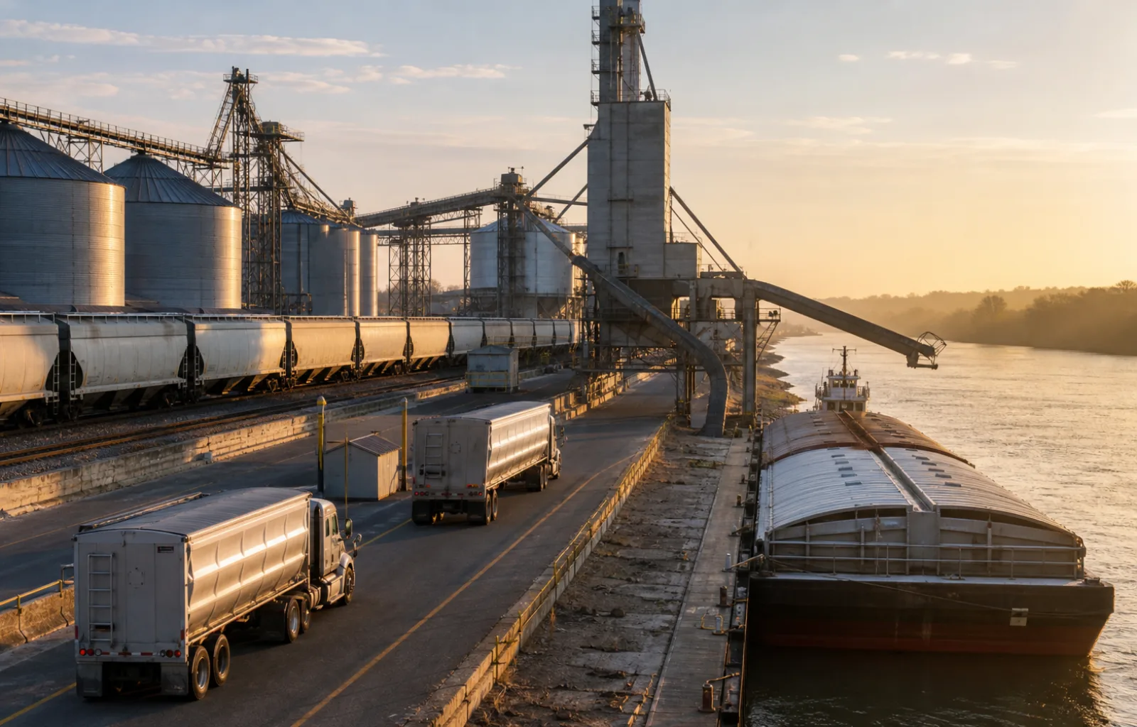 Two unbranded grain hopper trucks approach an export elevator where covered hopper railcars and a river barge form the next transportation legs.