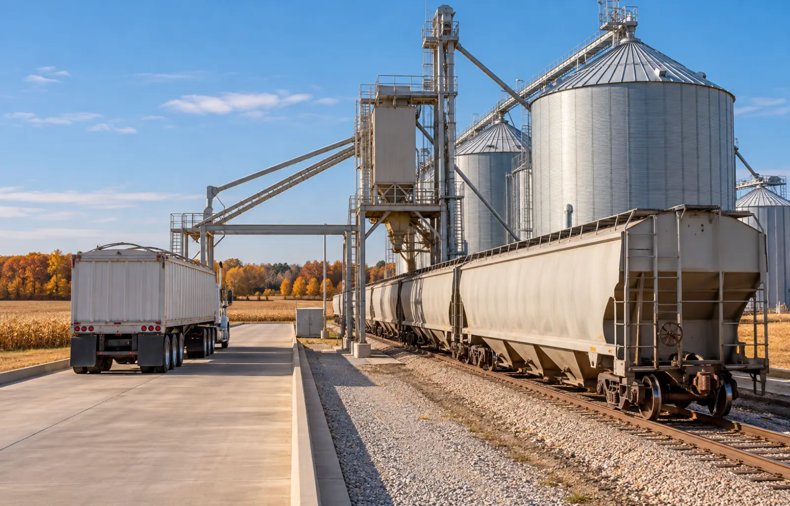 Conceptual illustration of a grain hopper railcar and an unbranded grain truck in separate lanes beside rural grain silos.