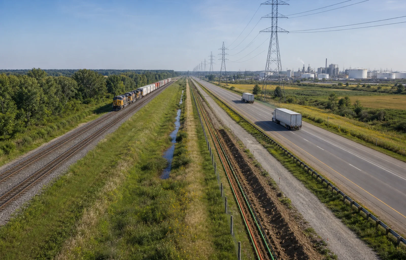 Freight rail, trucks, power lines and utility conduits follow separate paths through a broad shared transportation corridor.