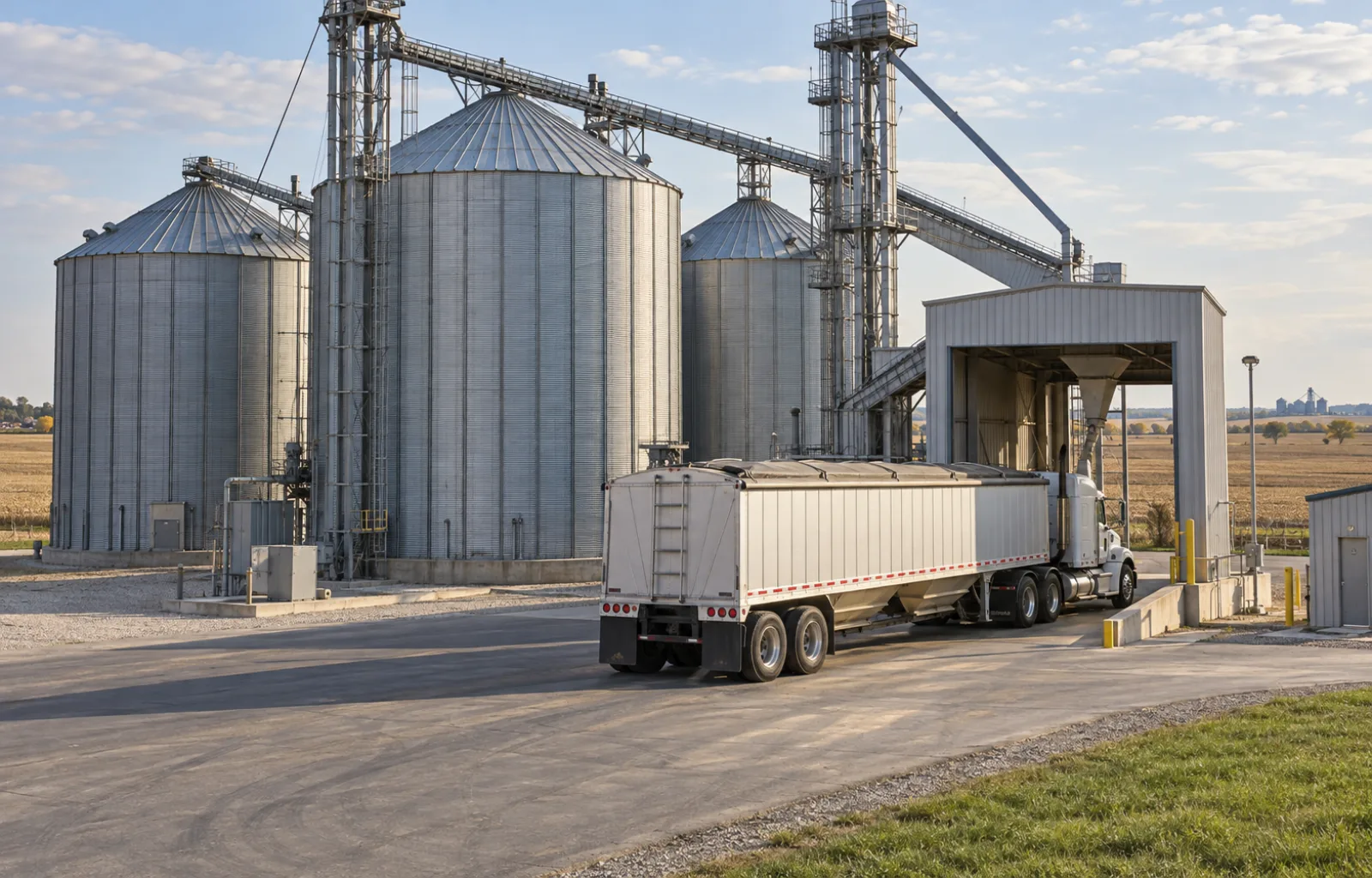 Steel grain silos and a receiving shed stand beside a grain hopper semitrailer at an illustrative rural elevator complex.
