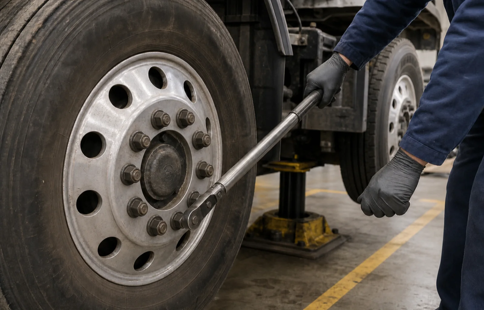 A gloved fleet technician applies a torque wrench to a ten-lug heavy-truck wheel in a maintenance bay.