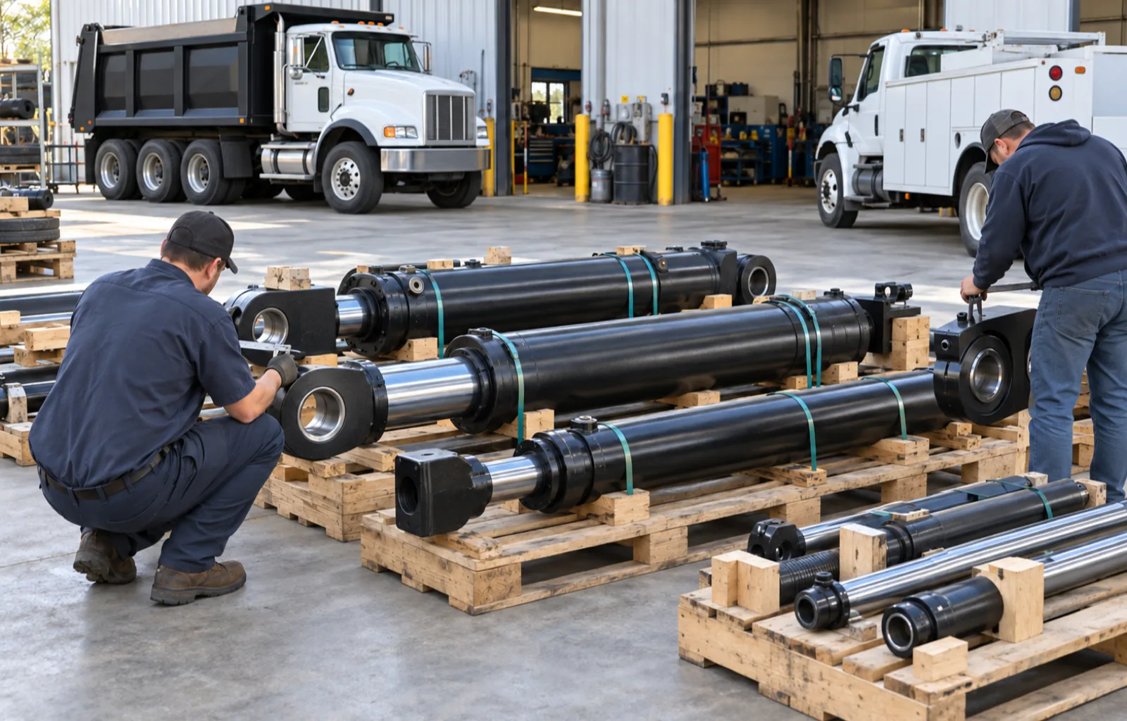 Mechanics inspect unbranded linear hydraulic cylinders on pallets in a vocational-truck shop with parked dump and utility trucks.