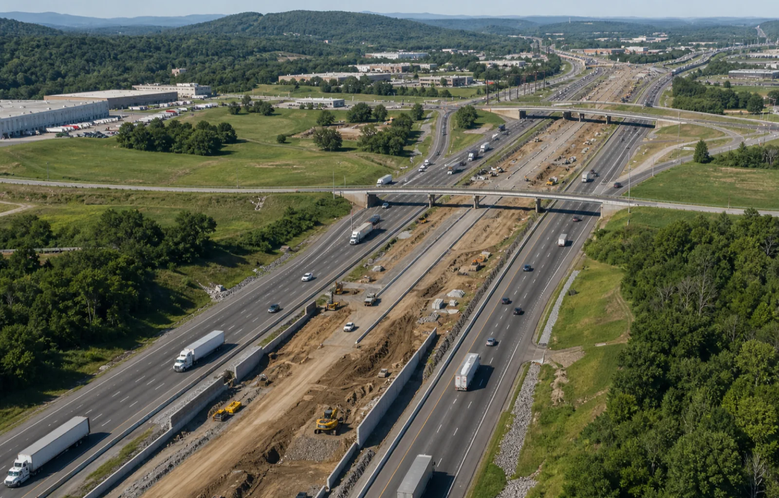 Unbranded tractor-trailers move beside median construction on a broad interstate corridor in rolling green terrain.