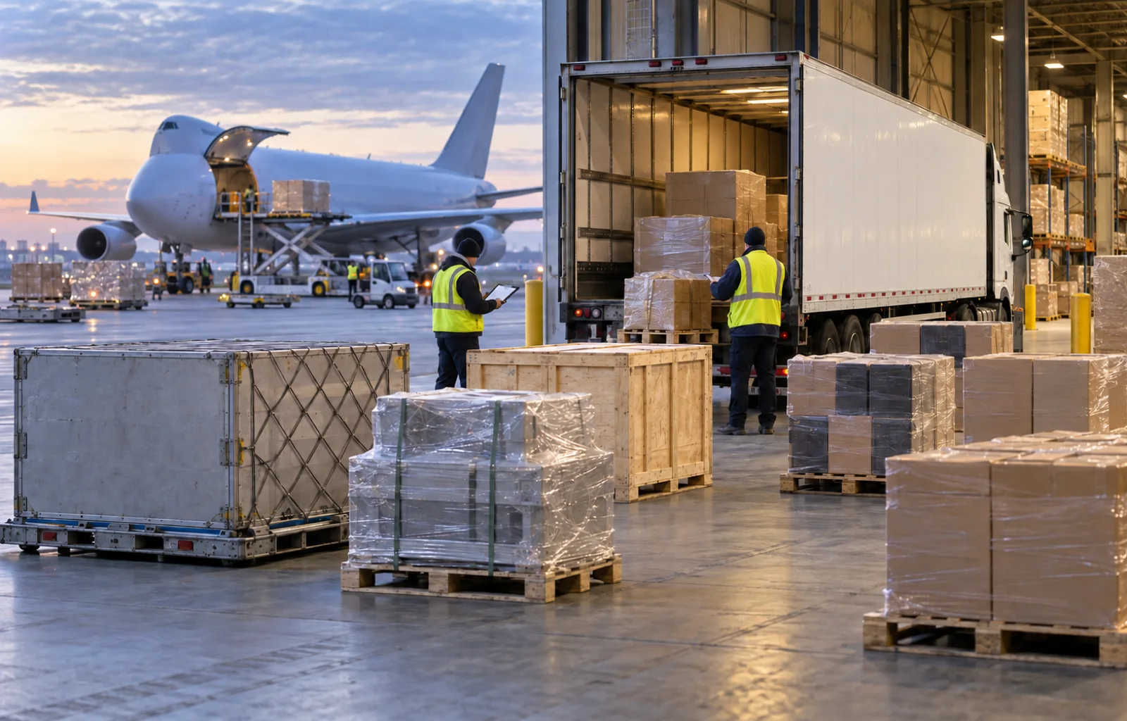 Unbranded pallets and crates move from an international cargo aircraft into a tractor-trailer at an airport freight warehouse.
