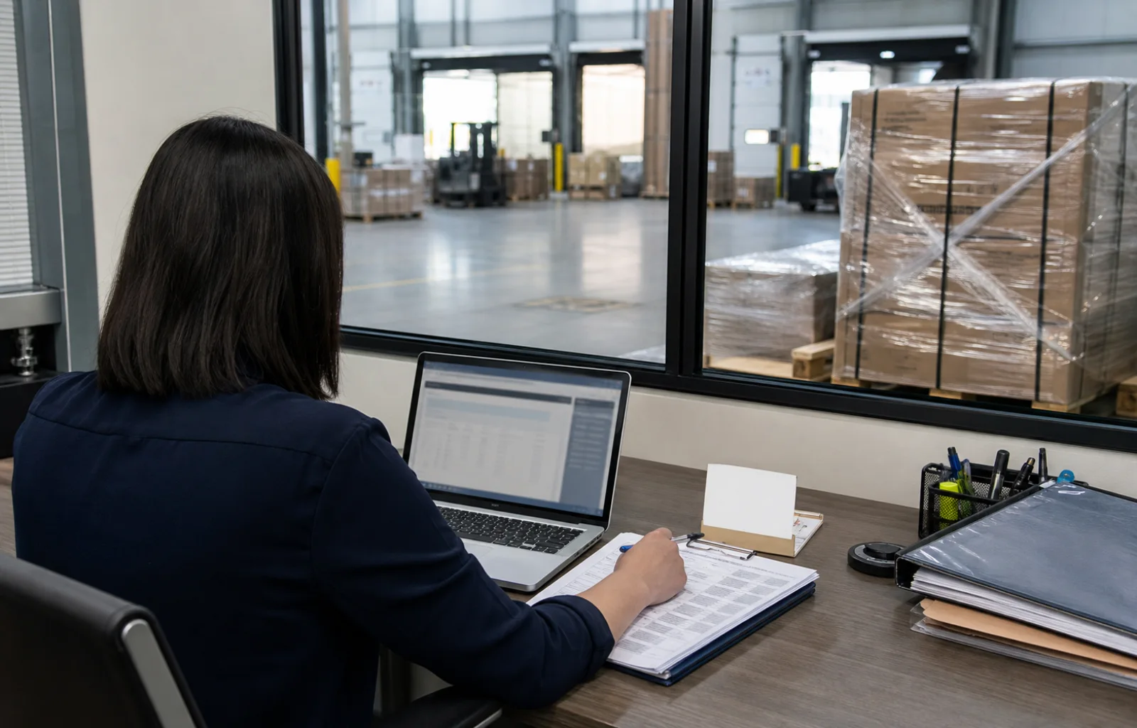 A customs specialist reviews an unbranded import identity record beside sealed cargo at a warehouse desk.