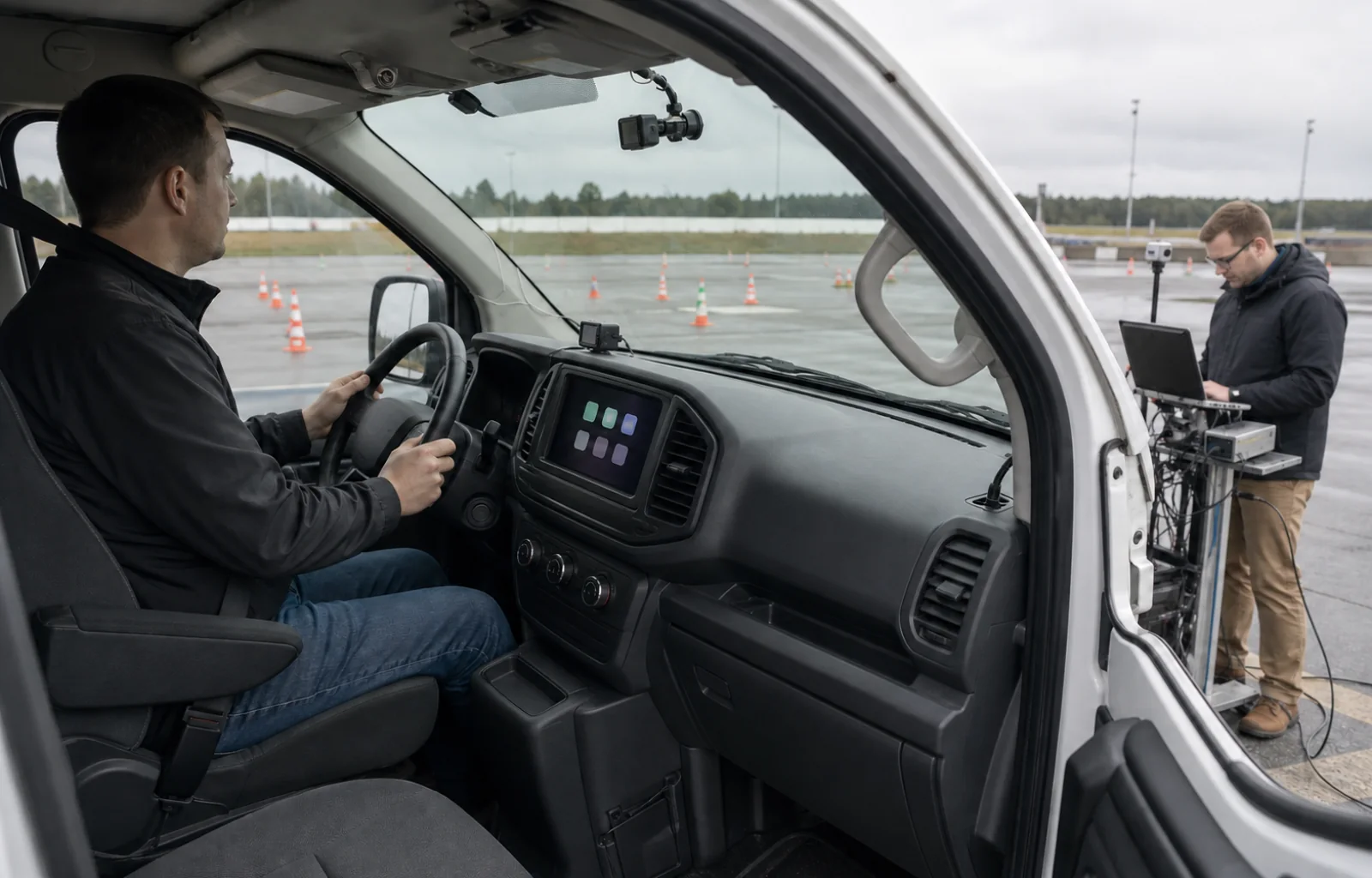 A driver and researcher prepare an unbranded fleet cab for a controlled closed-course display-interaction study.