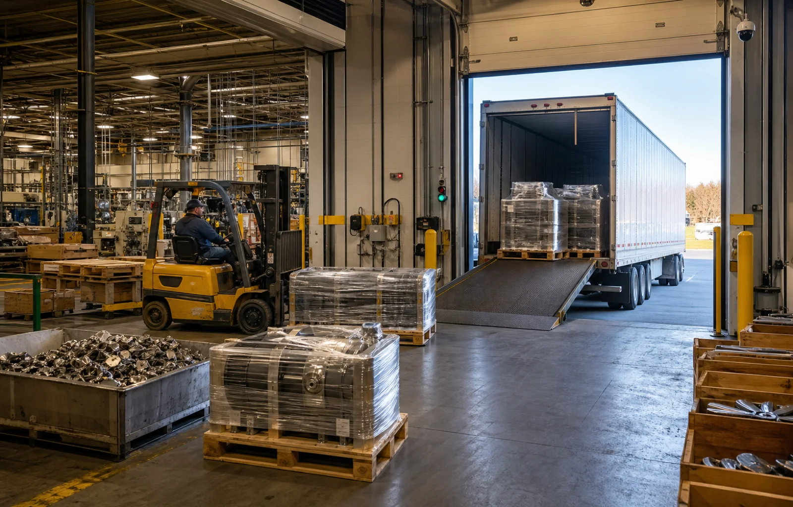 A forklift moves wrapped machinery components from a working factory floor toward an unbranded trailer at a loading dock.