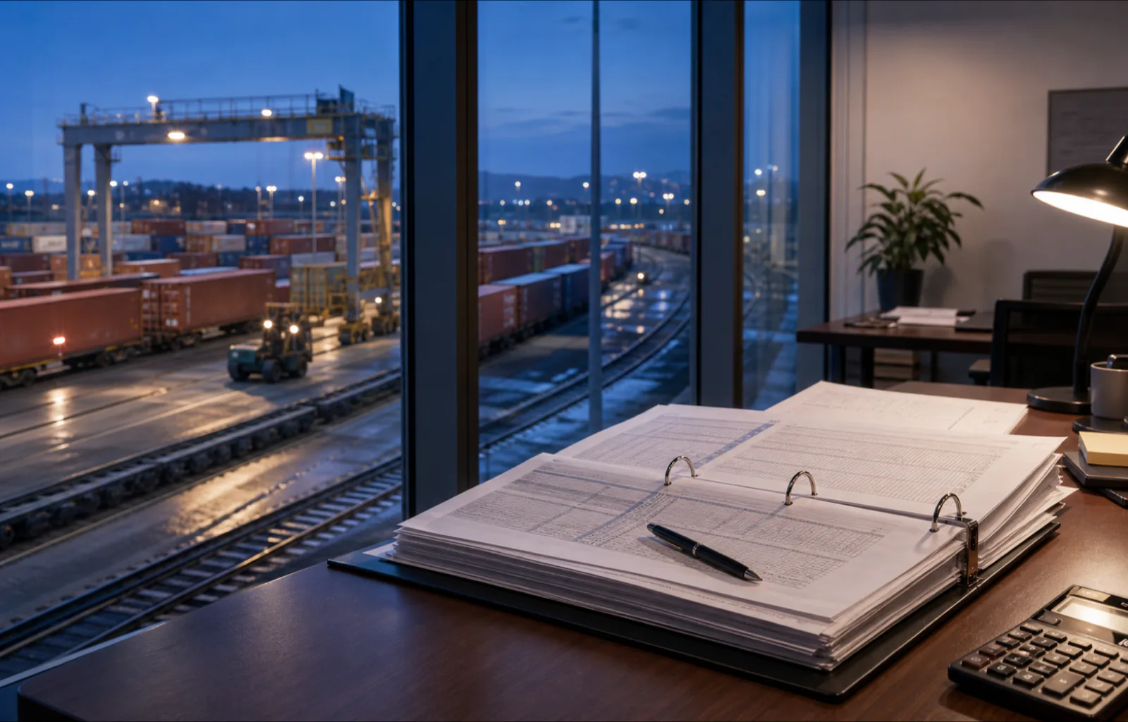 Untitled financial worksheets and a calculator sit in an office overlooking an active intermodal rail yard at dusk.