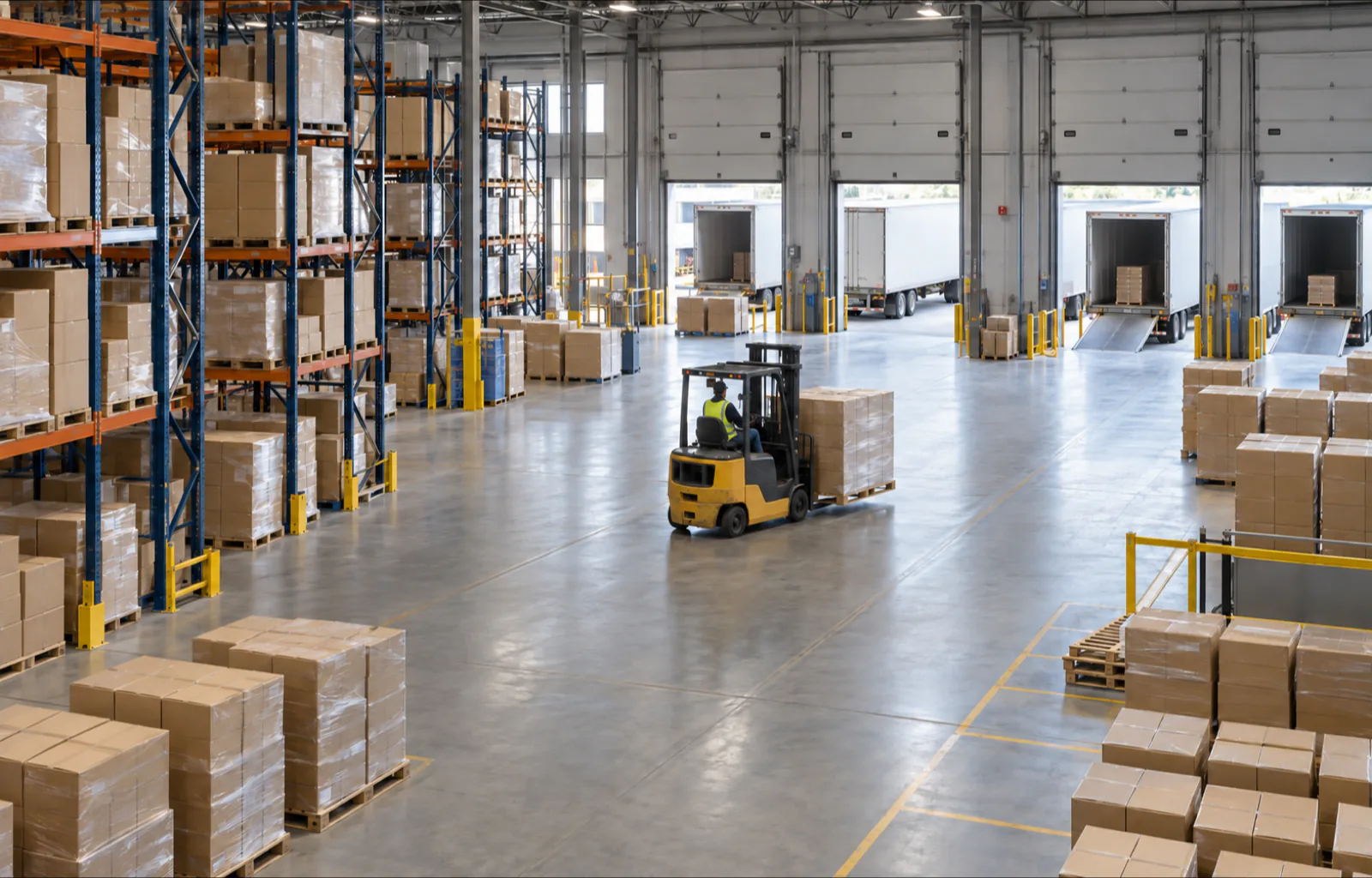 Plain cartons fill some warehouse racks and staging areas while a forklift moves an unmarked pallet toward unbranded trailers at active loading docks.