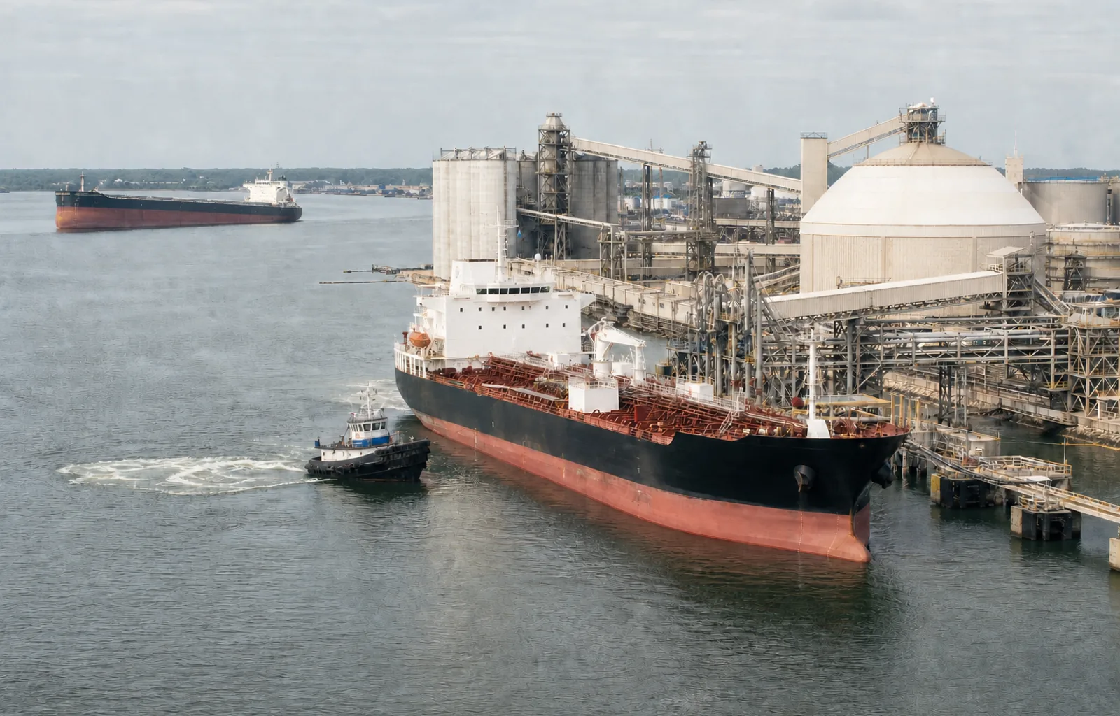 An unmarked tanker is guided by a tug toward a bulk fertilizer and liquid-cargo terminal while a second vessel waits offshore.