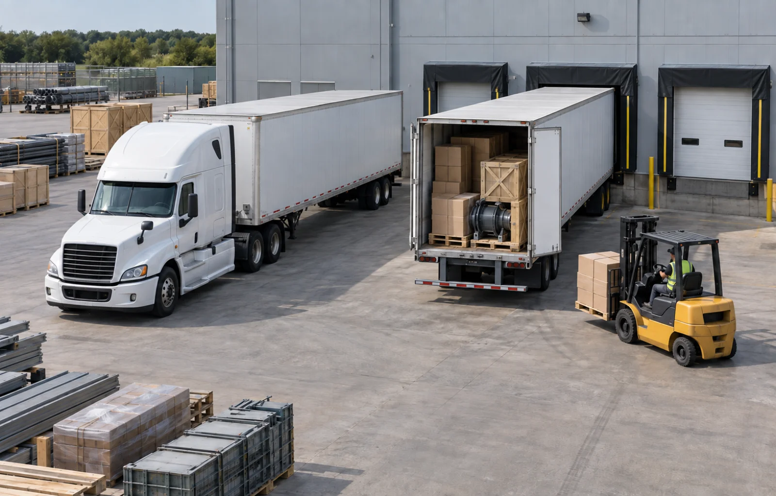 Illustrative freight transload yard with unbranded tractor-trailers, plain cartons and crated industrial cargo at separate warehouse docks.