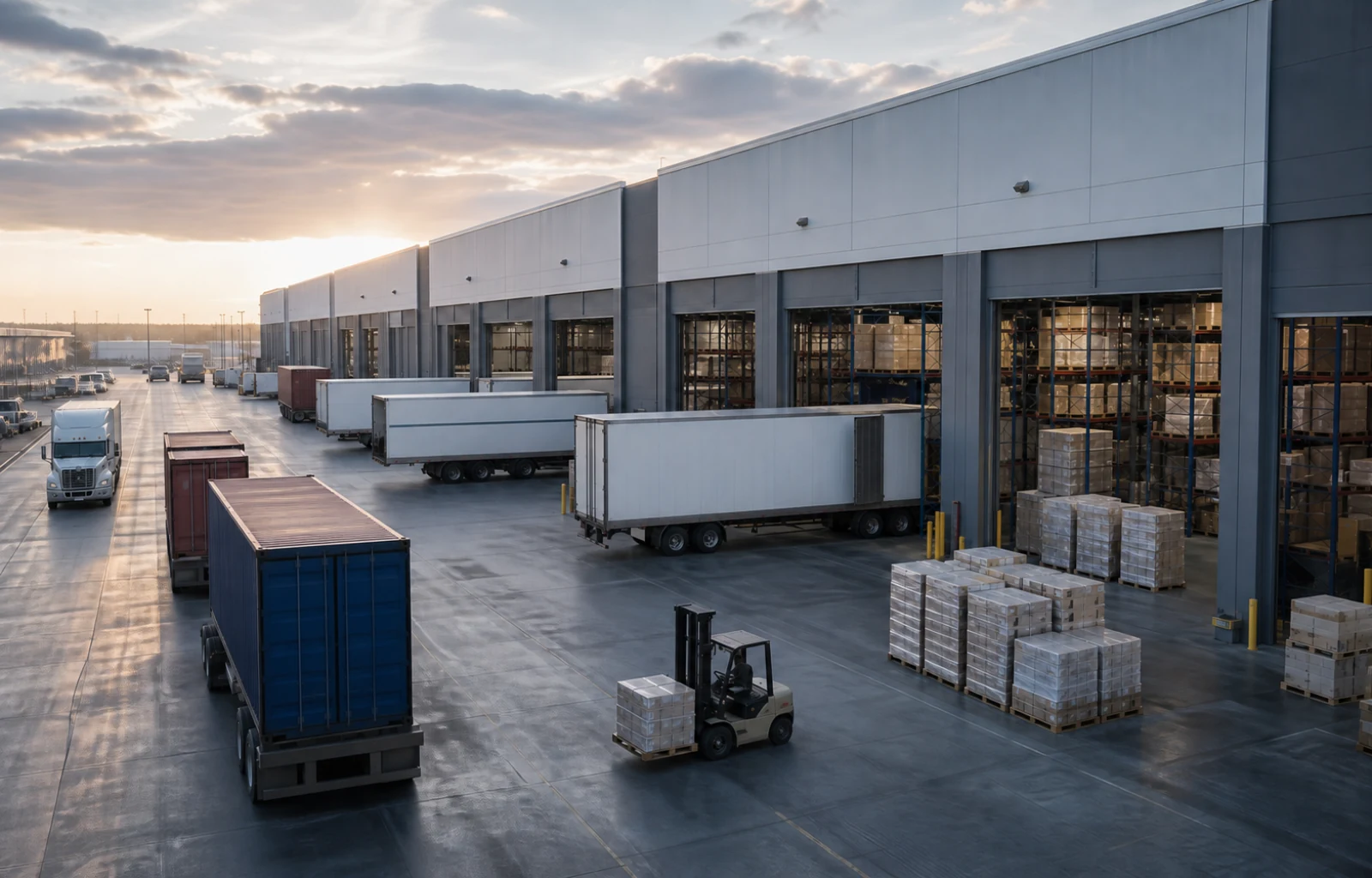 Plain containers and unbranded trailers move through a distribution center where palletized goods fill warehouse racks and staging areas.