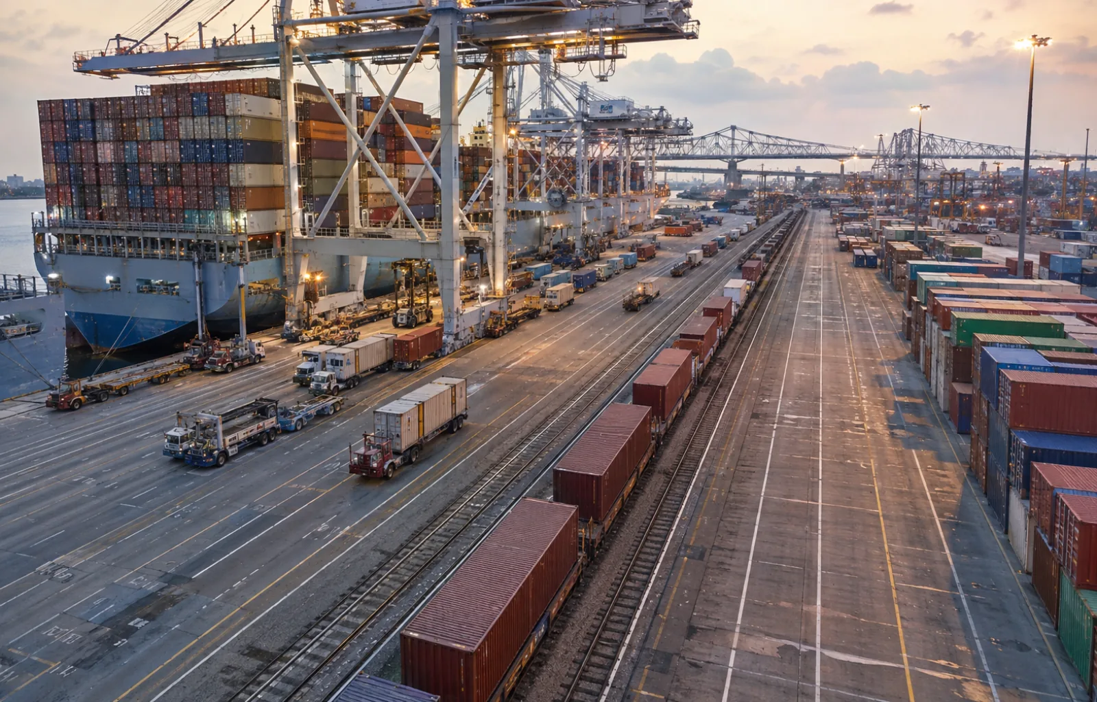 An unbranded container ship, drayage tractors and intermodal rail cars occupy the busy side of a marine terminal beside a quieter staging lane.