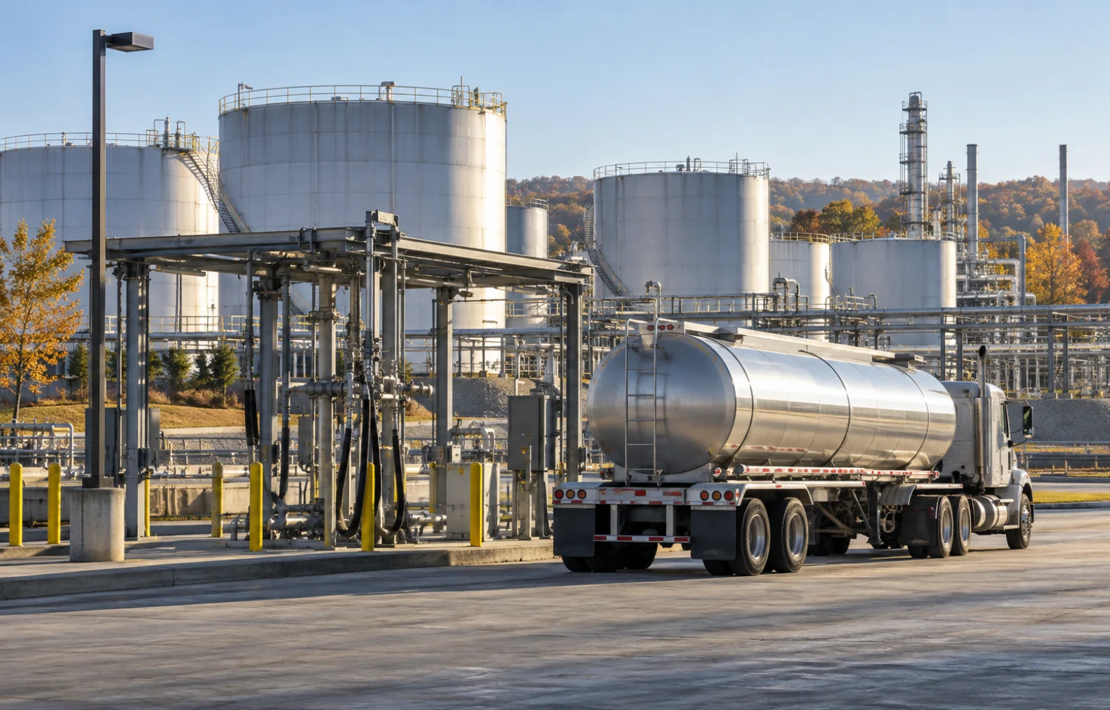 Illustrative unbranded tanker truck beside an inactive fuel-terminal loading rack, silver storage tanks and autumn trees.